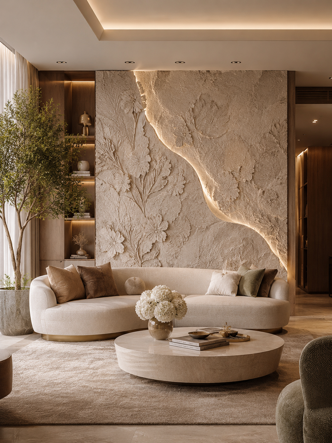 Textured wall ideas with modern feature wall design, neutral decor, sculptural texture, and stylish home interior inspiration