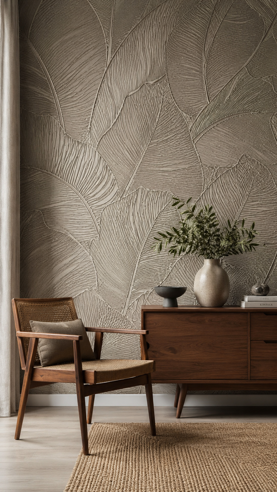 Wave-inspired textured wall in modern living room with cream sectional sofa, round coffee table, light wood floor, and neutral decor