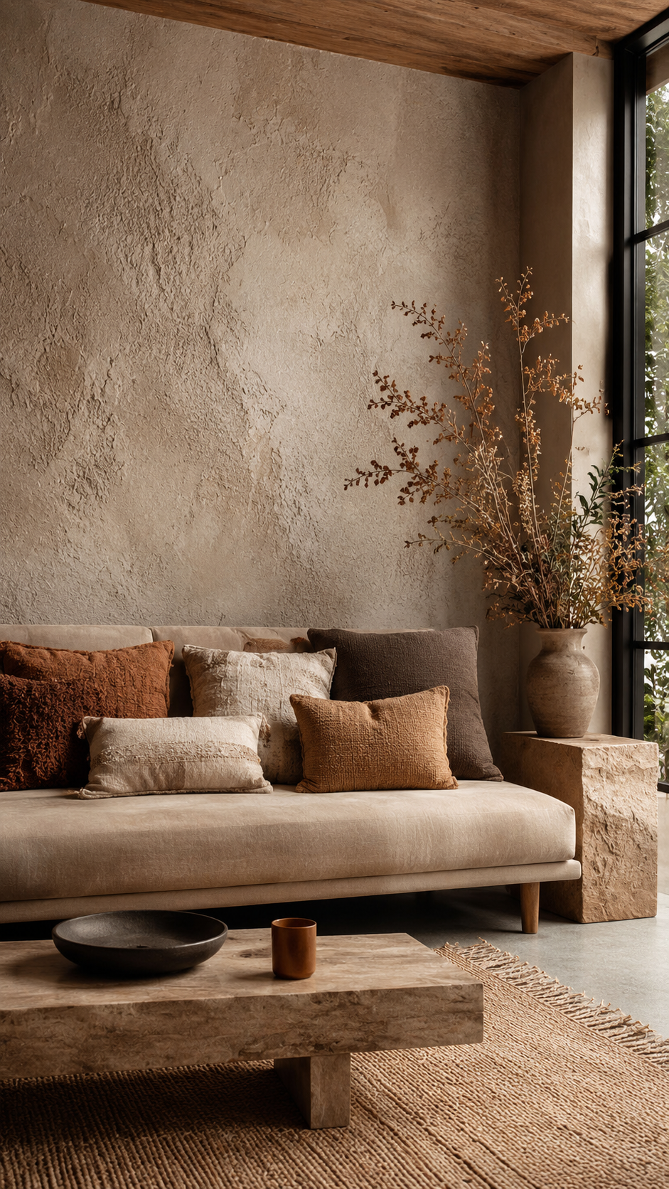 Leaf-inspired textured wall with wooden furniture, woven accent chair, neutral curtains, ceramic vase, greenery, and warm corner decor