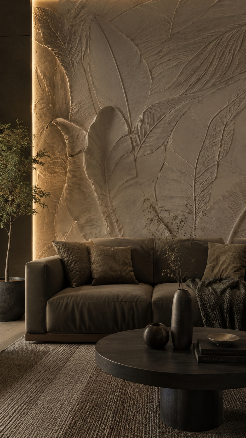 Earthy plaster textured wall behind sofa with rust pillows, woven textures, stone coffee table, wood ceiling detail, and black-framed window