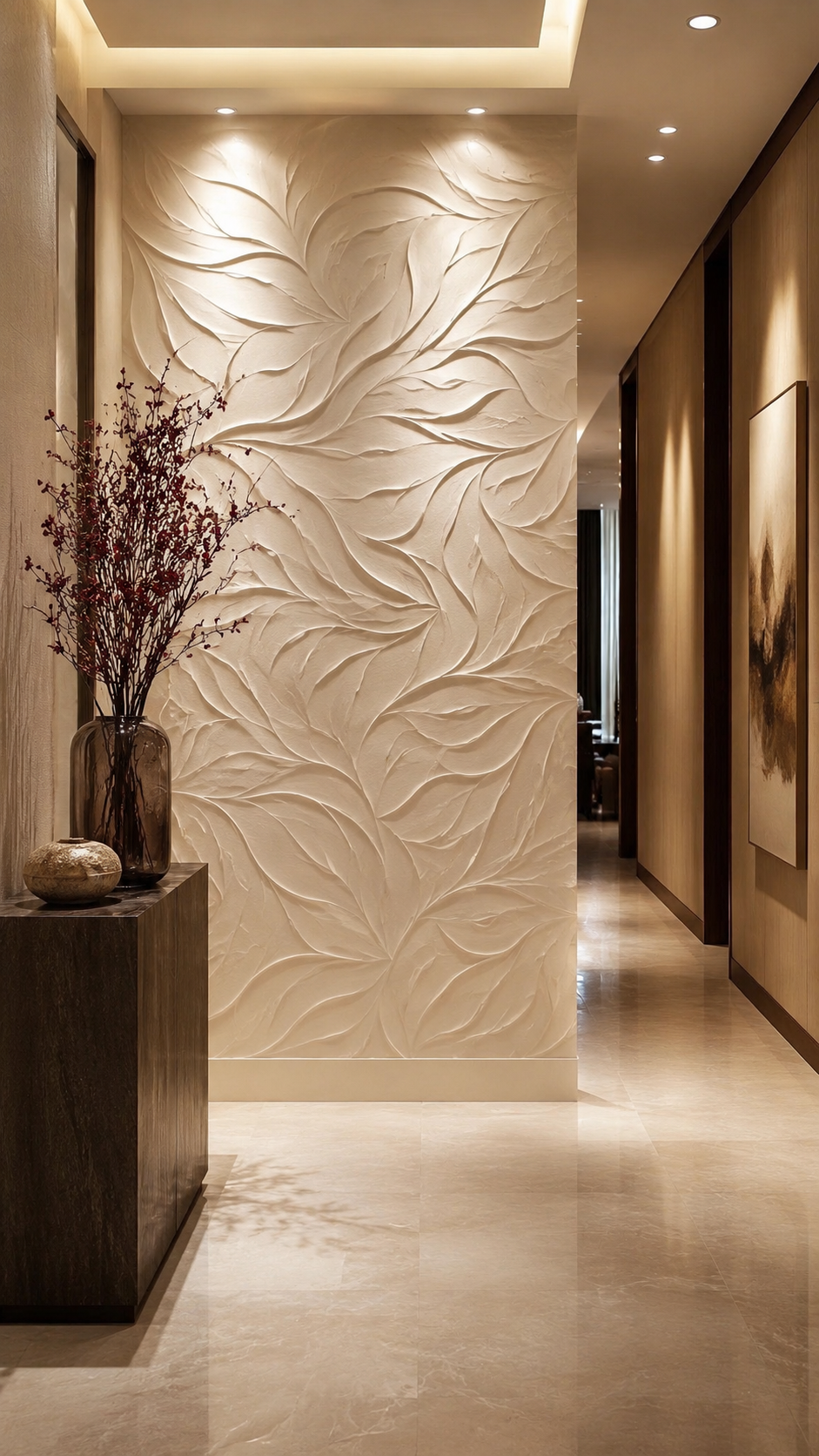 Luxury leaf textured wall with warm backlighting, dark sofa, neutral cushions, round coffee table, and elegant modern living room decor