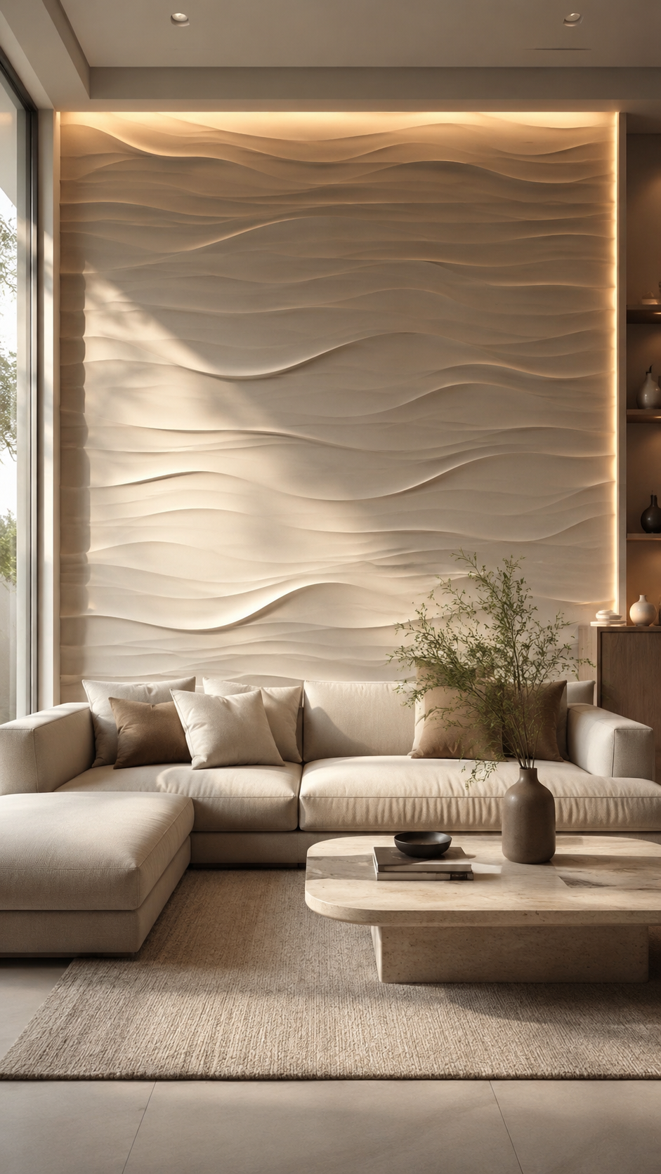 Minimal beige textured wall with curved cream seating, dark round side table, ceramic vase, branches, and soft drapery