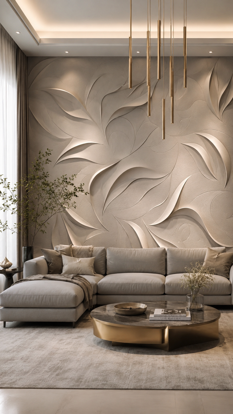 Cream wave textured wall with LED glow, neutral sectional sofa, layered cushions, stone coffee table, and modern living room decor