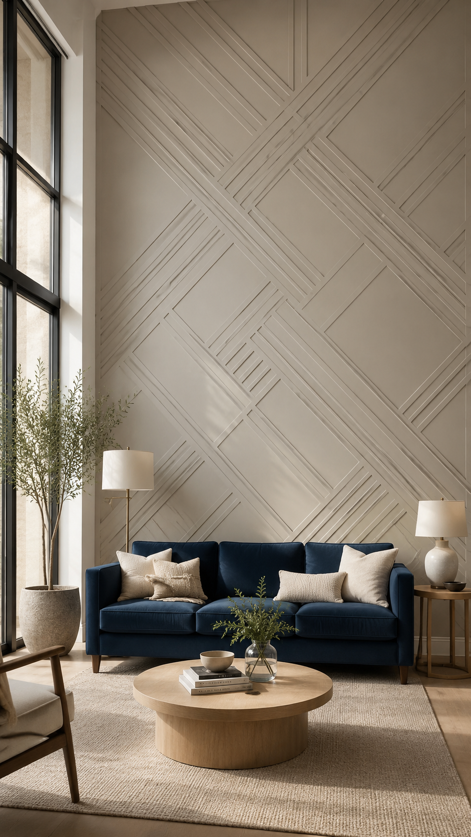 Botanical 3D textured wall in luxury living room with neutral sectional sofa, marble gold coffee table, greenery, tall curtains, and pendant lighting
