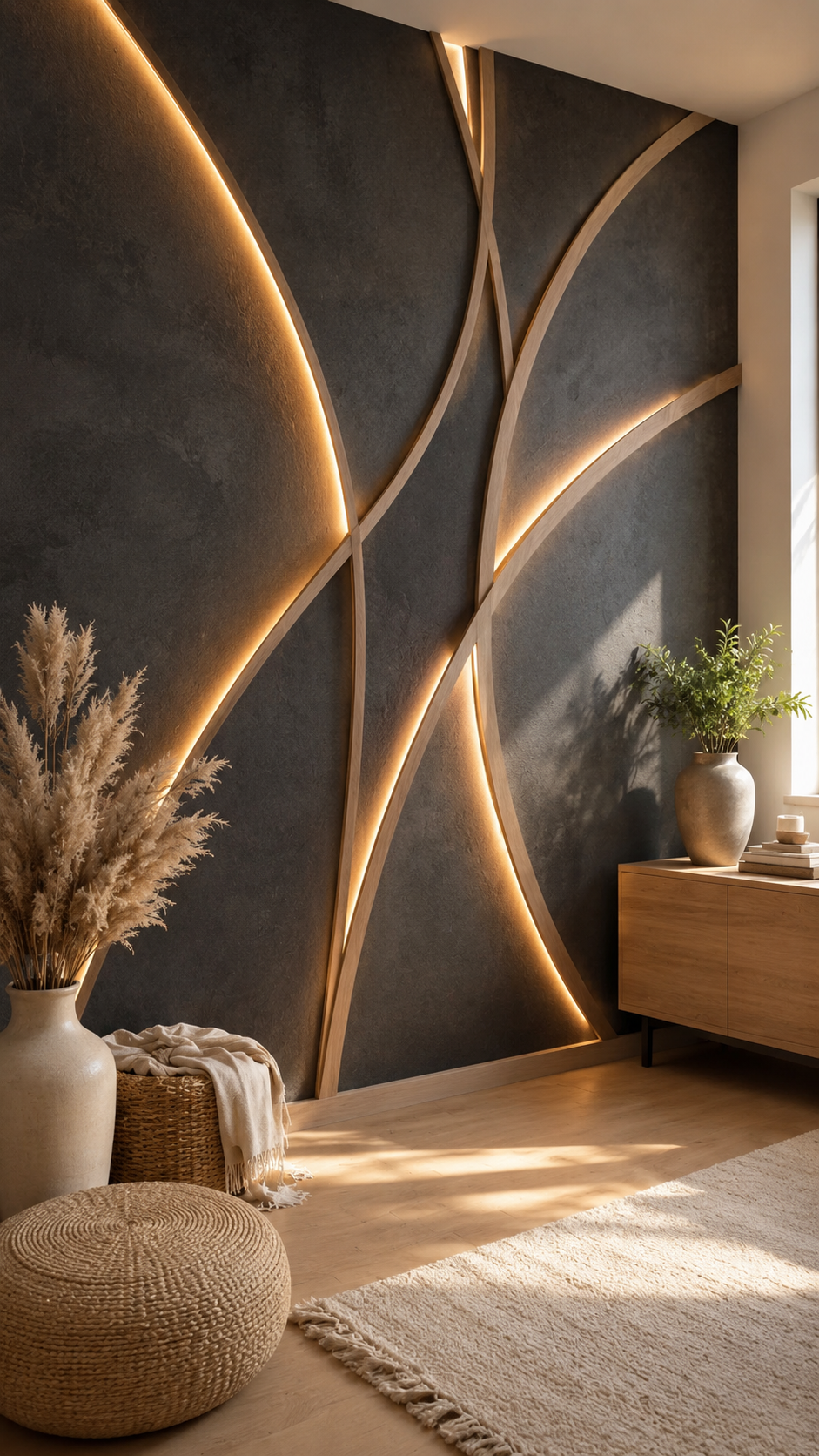 Stone-inspired textured wall in luxury lounge with rugged 3D surface, neutral sectional sofa, wood paneling, LED lighting, and ceramic decor