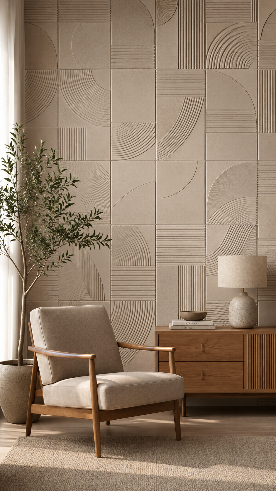Pebble-style textured wall bedroom with cream sculptural panels, light wood furniture, white bedding, beige pillows, curtains, and plush rug
