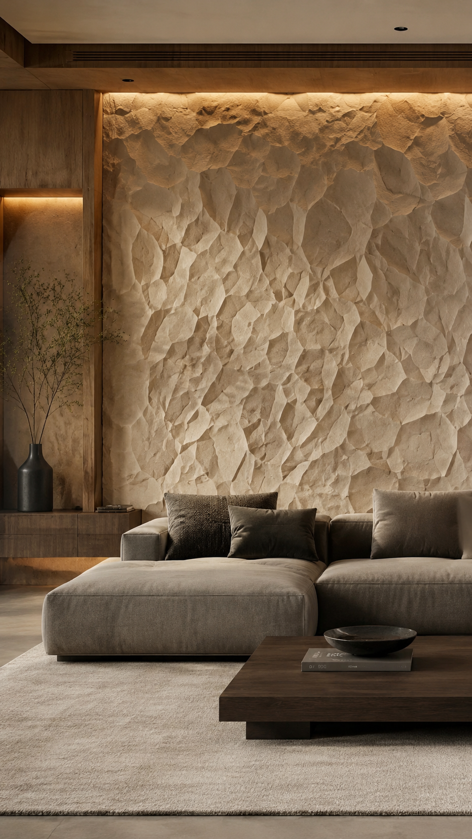 Black vertical groove textured wall with warm hidden lighting, cream sofa, neutral cushions, round wooden coffee table, and modern decor