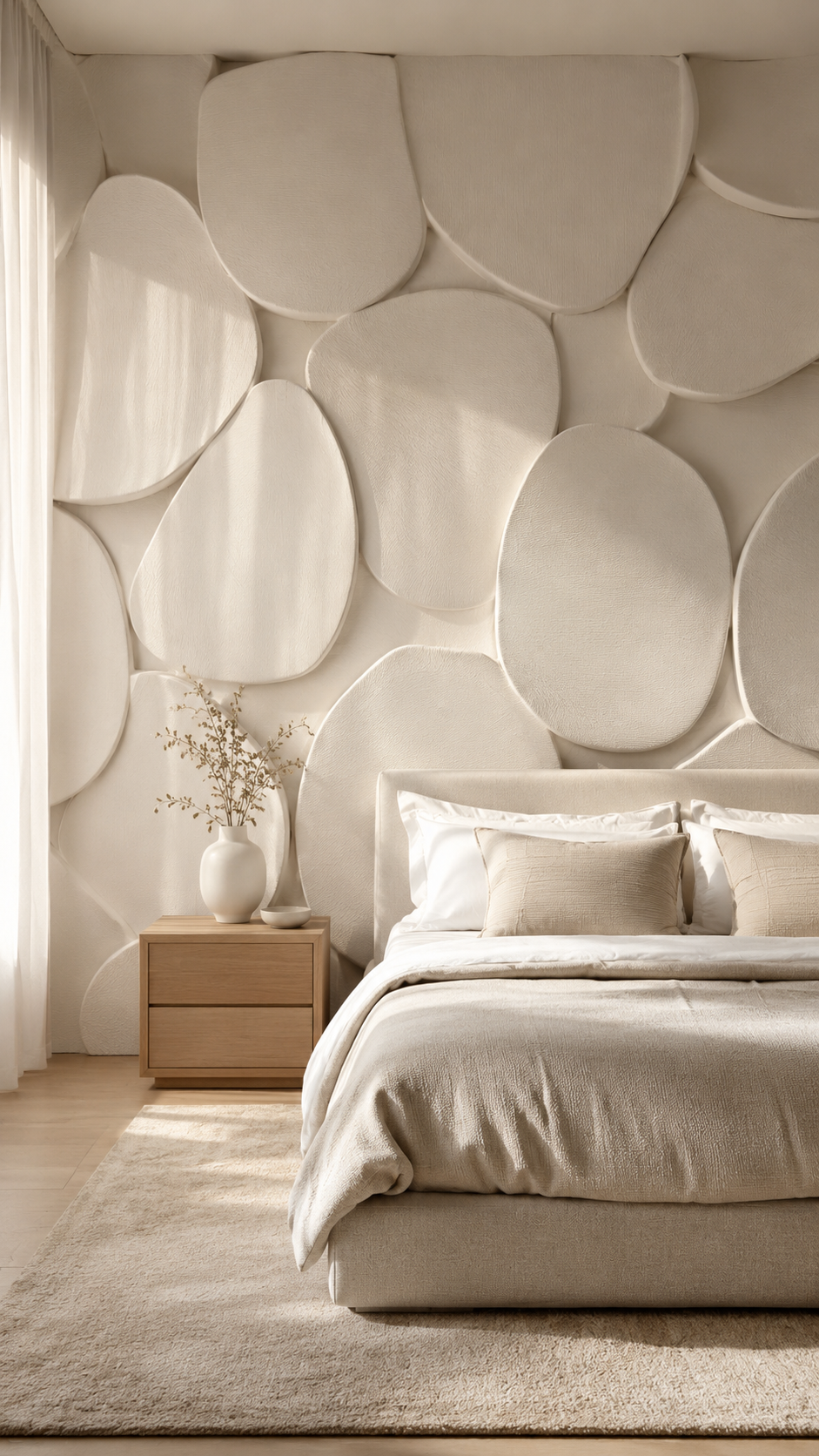 Dark plaster textured wall with curved wood trim, LED lighting, warm wood floor, pampas grass, woven accents, and organic modern decor