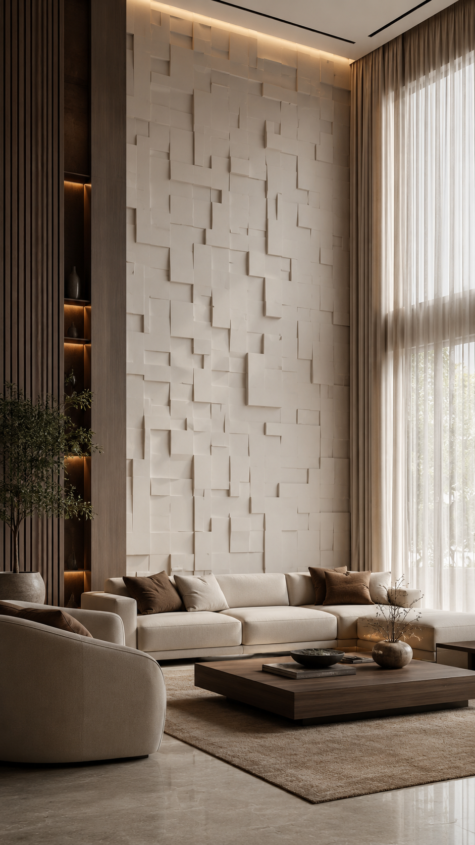 Geometric panel textured wall with curved line patterns, wooden accent chair, sideboard, olive tree, ceramic lamp, and neutral corner decor