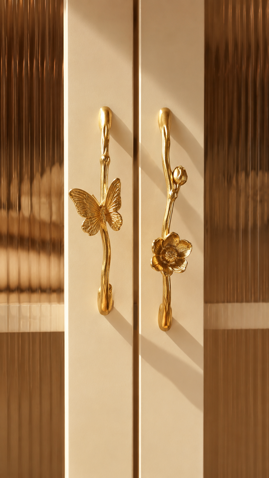 Antique gold door pull with floral ends, long vertical shape, dark wood door, vintage brass finish, and luxury hardware styling