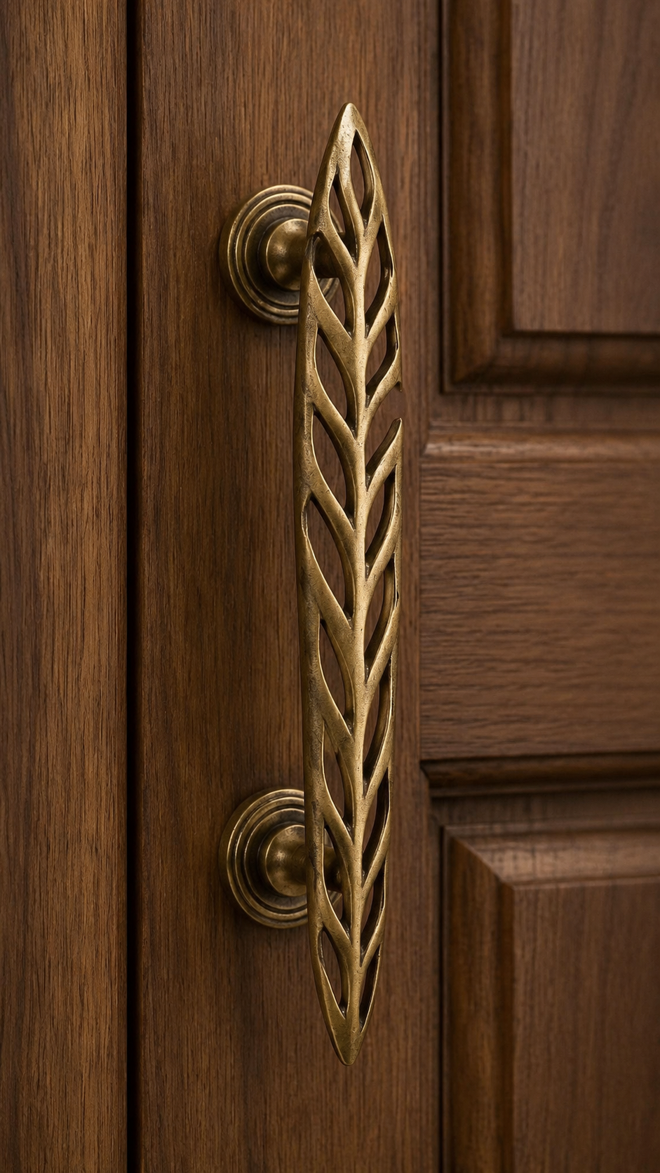 Fluted gold door handle on dark wood door with long slim pull, decorative top, and luxury black and gold hardware style