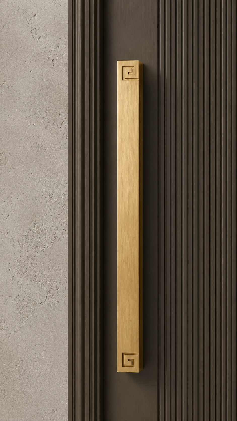 Leaf-inspired antique brass door handle with openwork branch pattern, wooden door grain, vintage style, and luxury decorative hardware