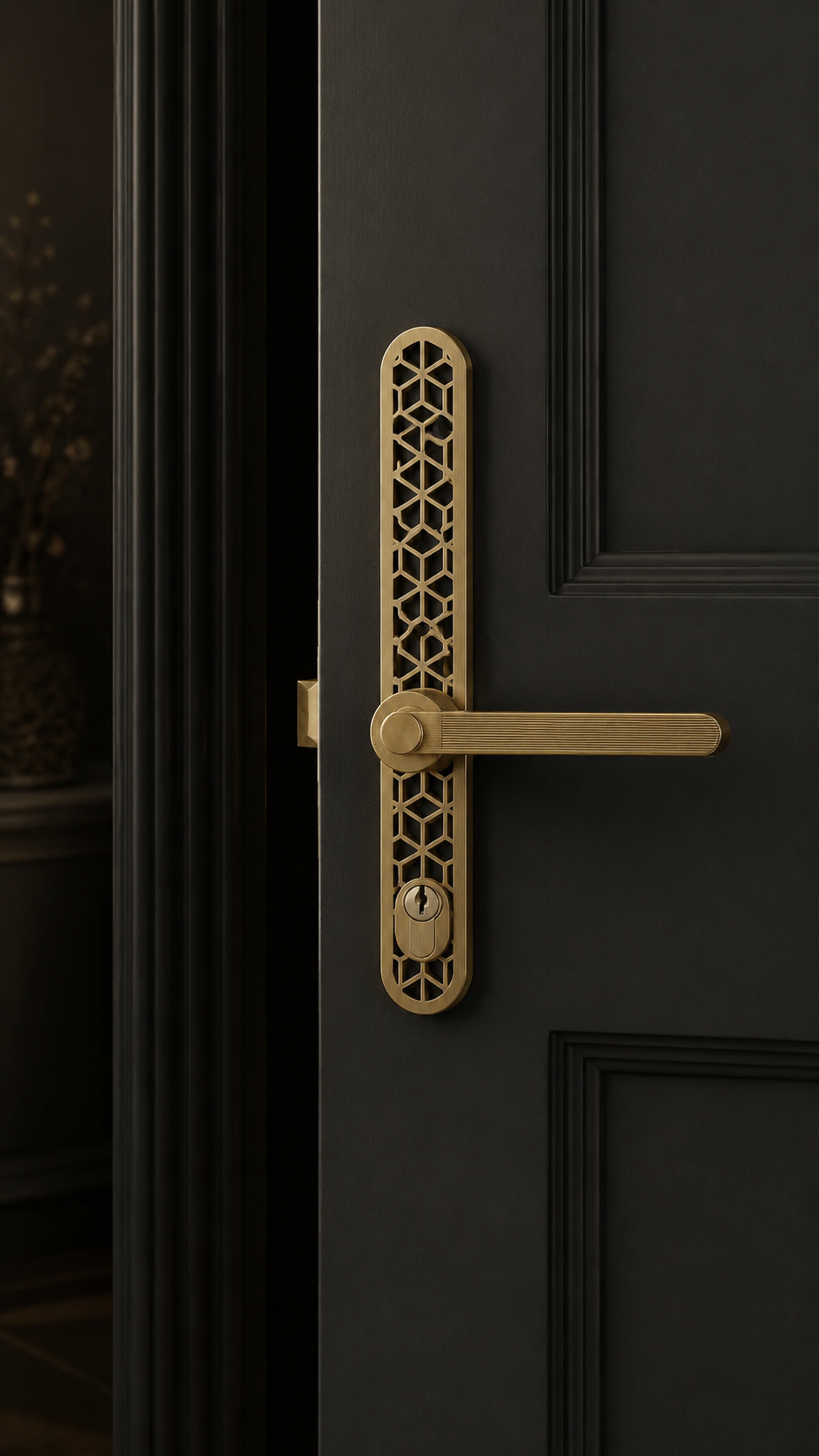 Artistic bronze door handle on wood panel with sculptural loop shape, warm metal finish, and modern rustic hardware inspiration
