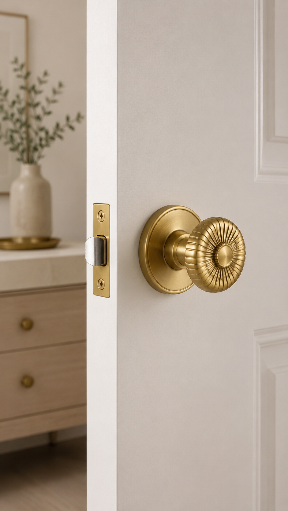 Branch-inspired gold door handle on dark wooden door with antique brass texture, organic shape, and rustic luxury hardware styling