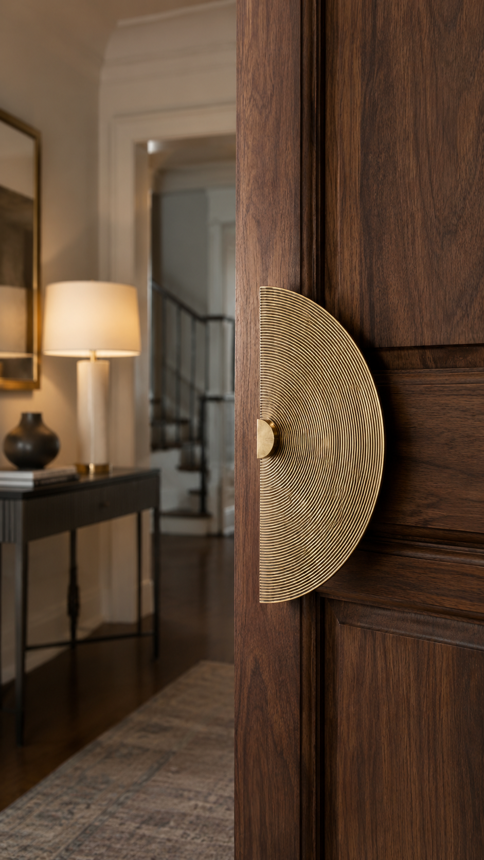 Nature-inspired gold door handle with curved sculptural shape, dark wood surface, luxury metal finish, and artistic hardware detail