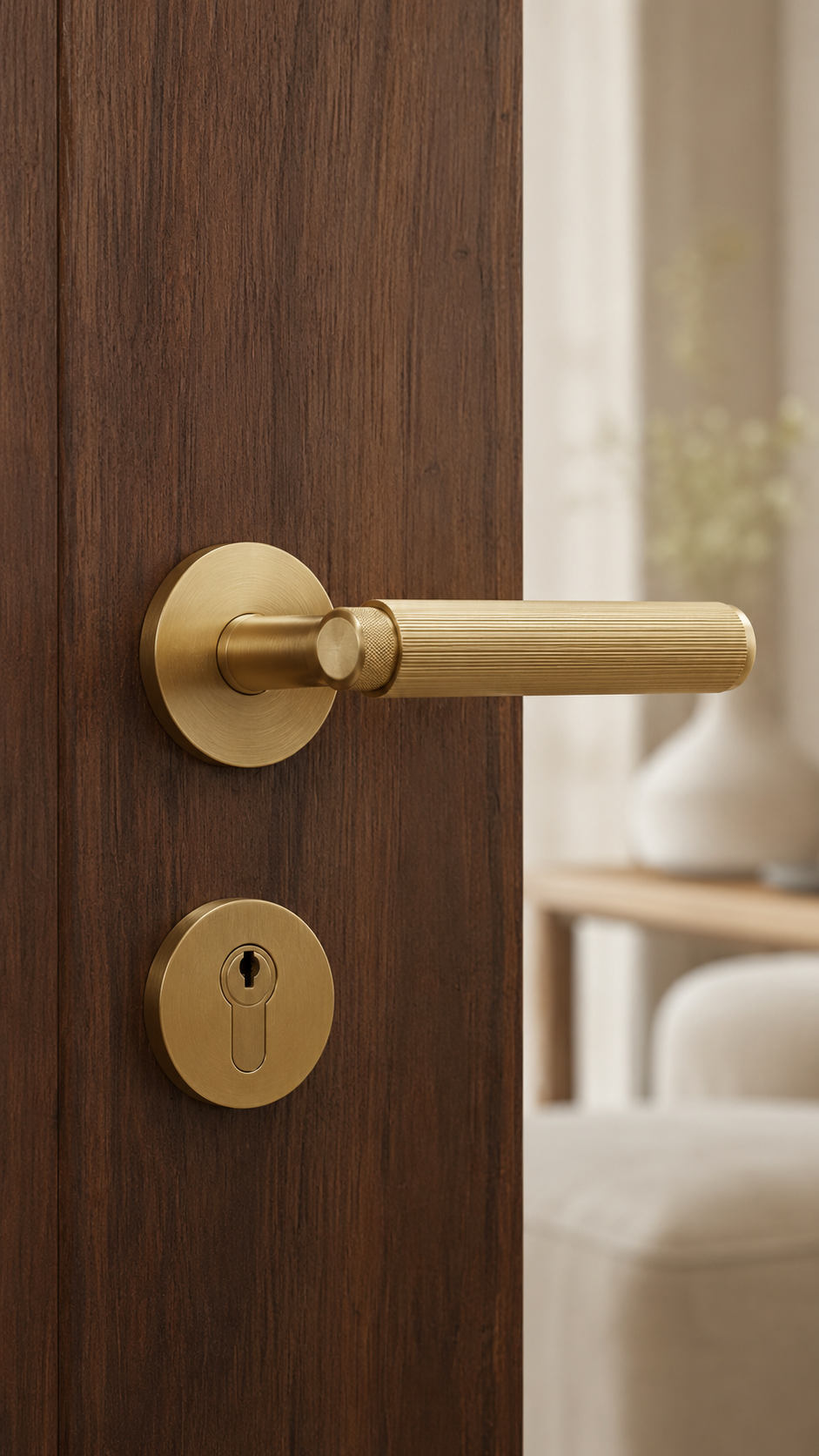 Round gold door knob on white interior door with ribbed texture, circular backplate, matching latch, and soft luxury styling