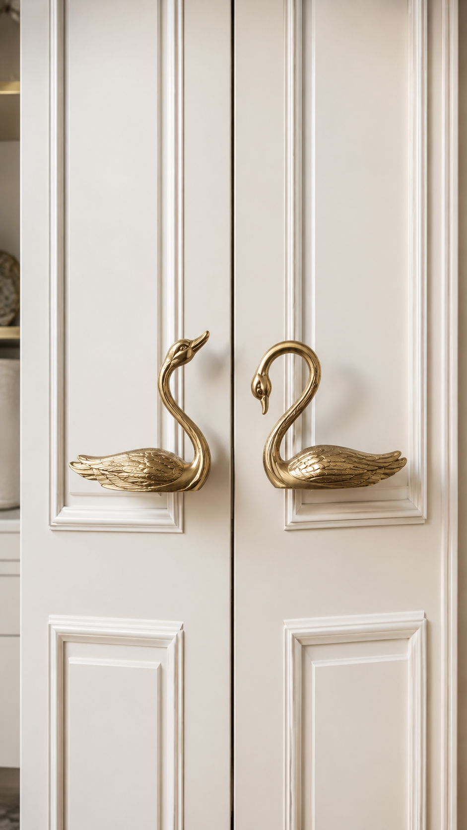 Half-circle ribbed gold door handle on rich wooden door with sculptural fan shape, linear texture, and luxury statement hardware