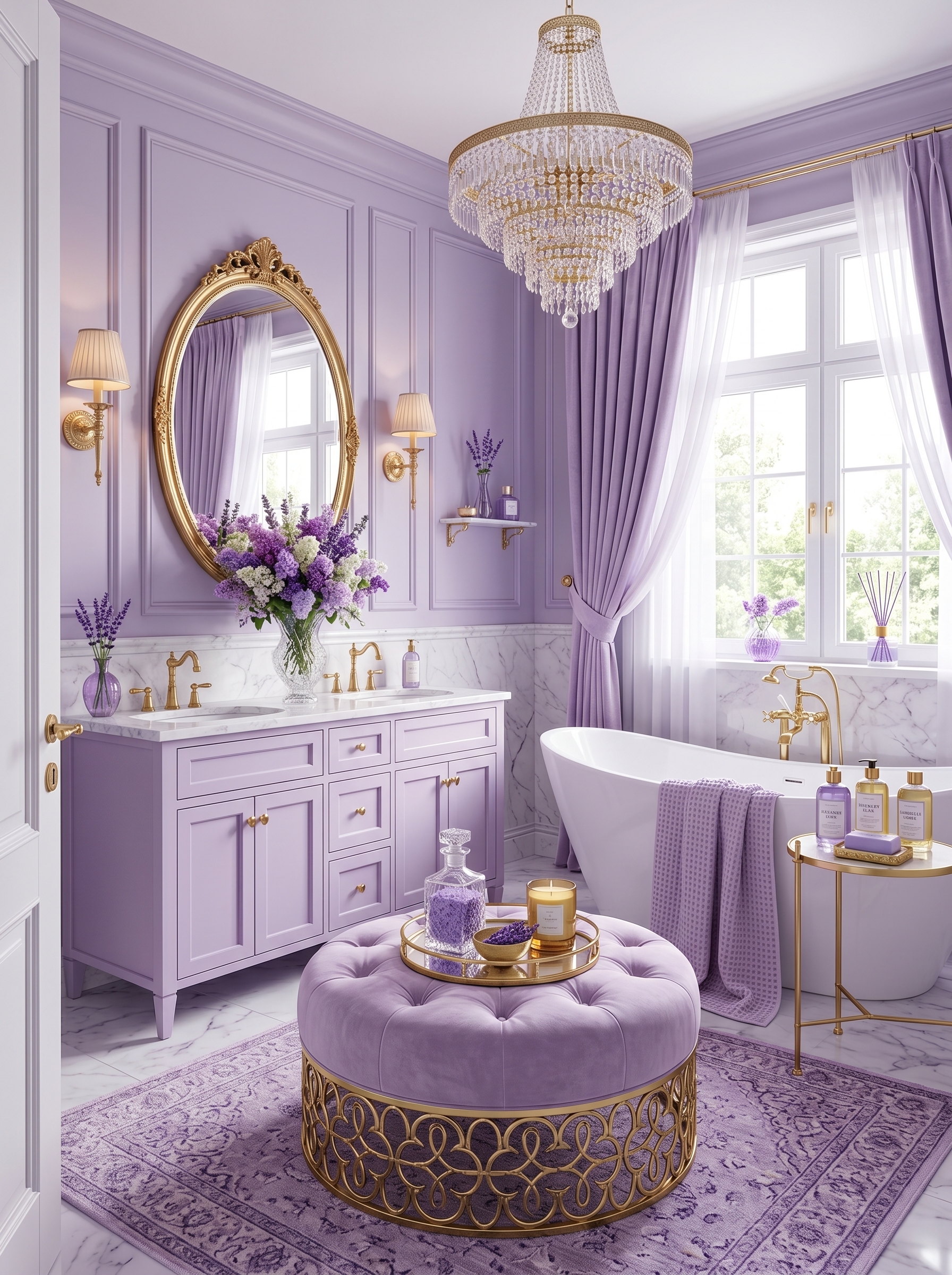 Lavender bathroom ideas with soft purple walls, pastel decor, white fixtures, floral accents, and calming spa-inspired styling