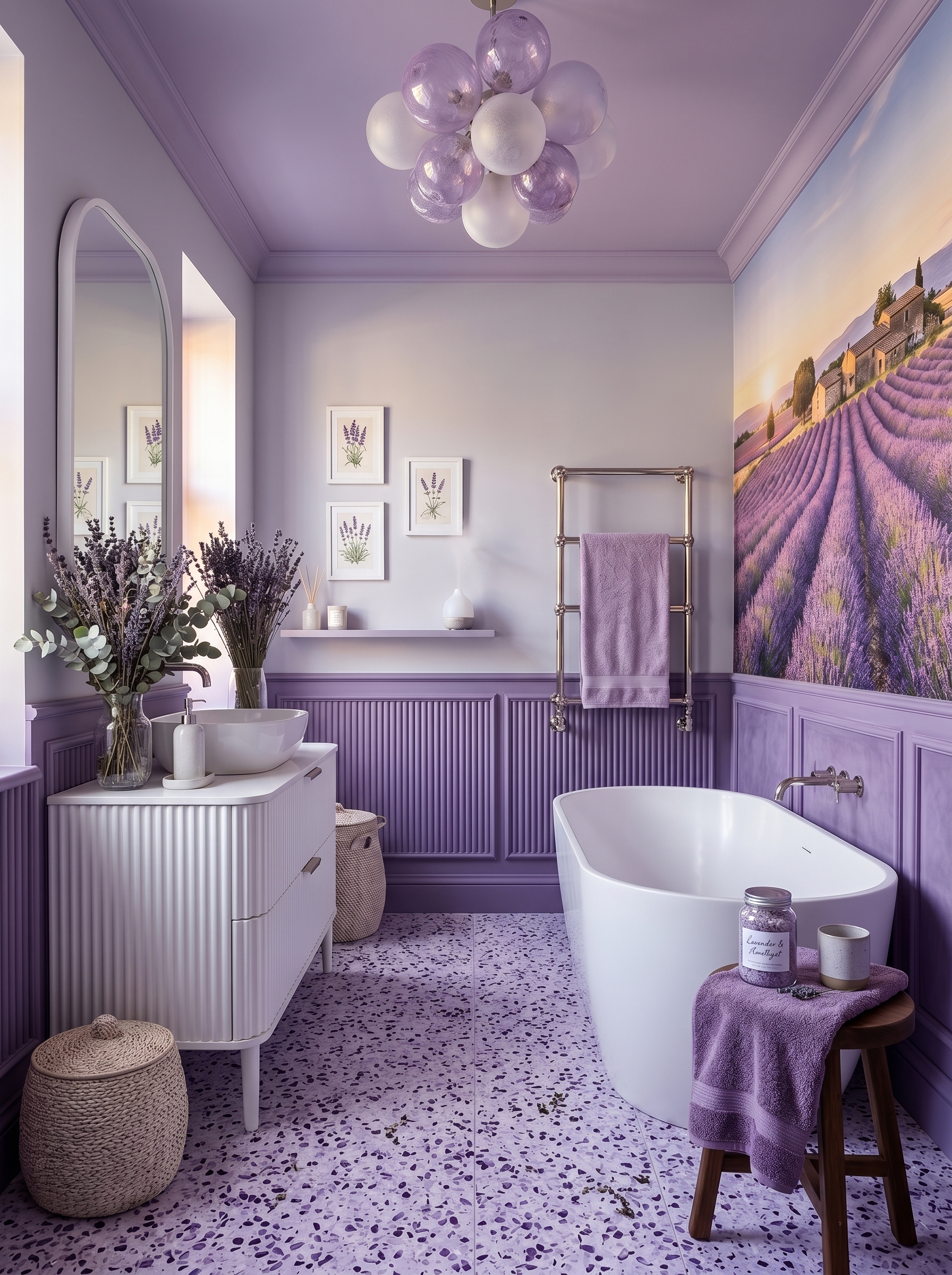 Luxury lavender bathroom with gold fixtures, crystal chandelier, freestanding tub, purple vanity, marble accents, and flowers