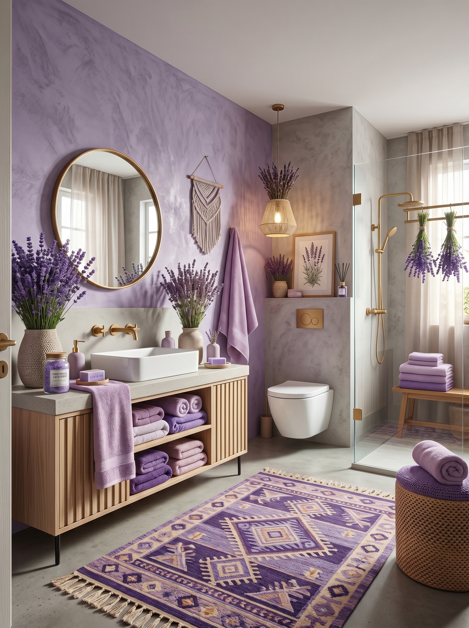 Lavender bathroom with floral wall mural, freestanding white bathtub, pastel towels, purple walls, modern vanity, and terrazzo flooring
