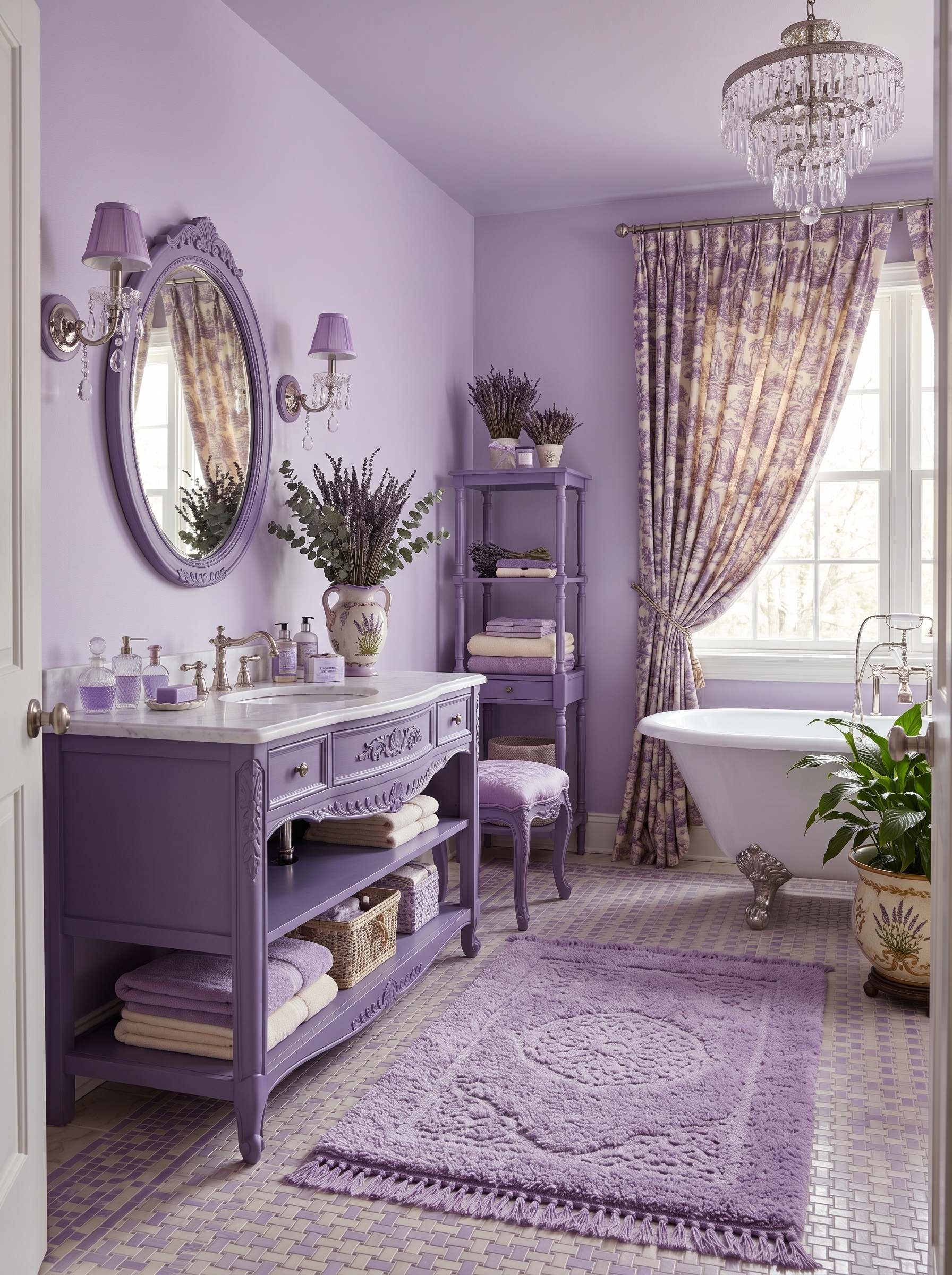 Modern lavender bathroom with wooden vanity, round gold mirror, lavender towels, woven baskets, botanical art, and glass shower
