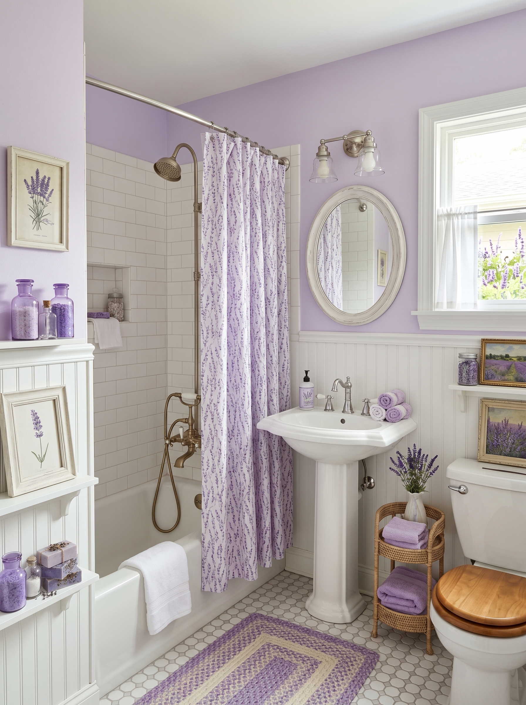 Cozy lavender bathroom with gold mirror, wooden vanity, purple towels, dried lavender bouquets, patterned rug, and spa decor