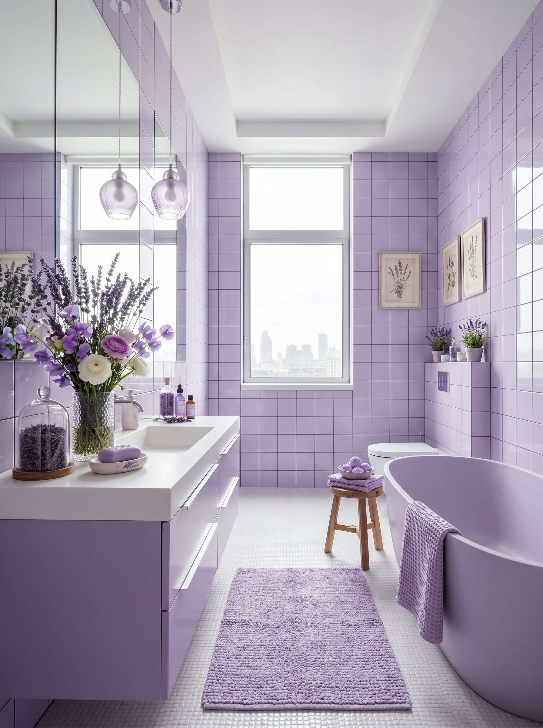 Cottage lavender bathroom with beadboard paneling, floral shower curtain, pedestal sink, oval mirror, subway tile, and purple towels