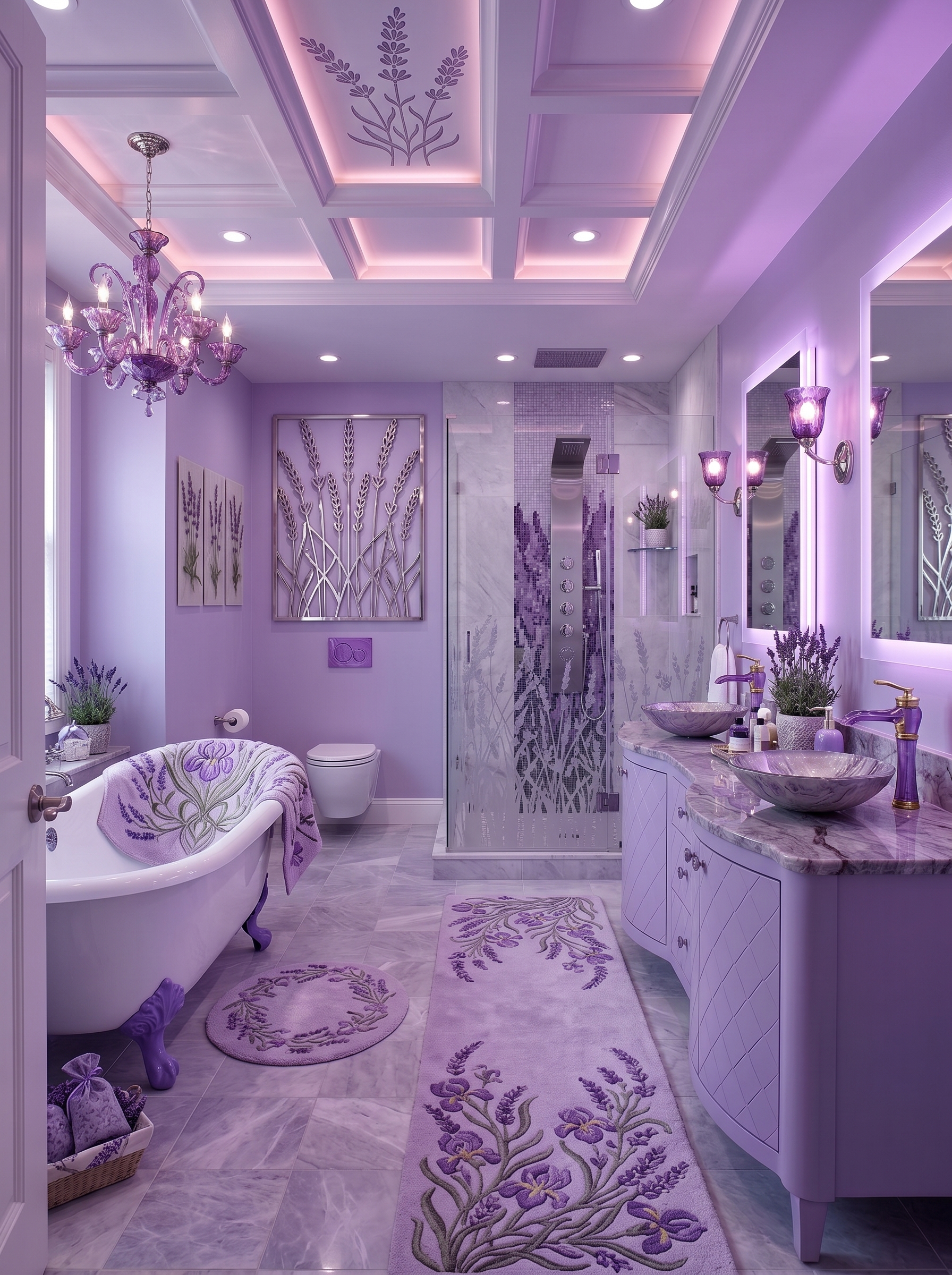 Glossy lavender tile bathroom with matching purple bathtub, sleek vanity, floral accents, pendant lights, and white floor tiles