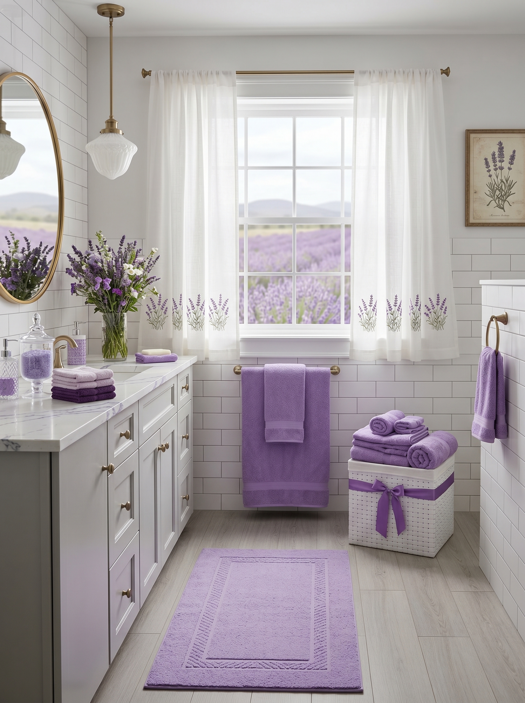 Glamorous lavender bathroom with purple vanity cabinets, chandelier, freestanding bathtub, marble flooring, and lavender wall art