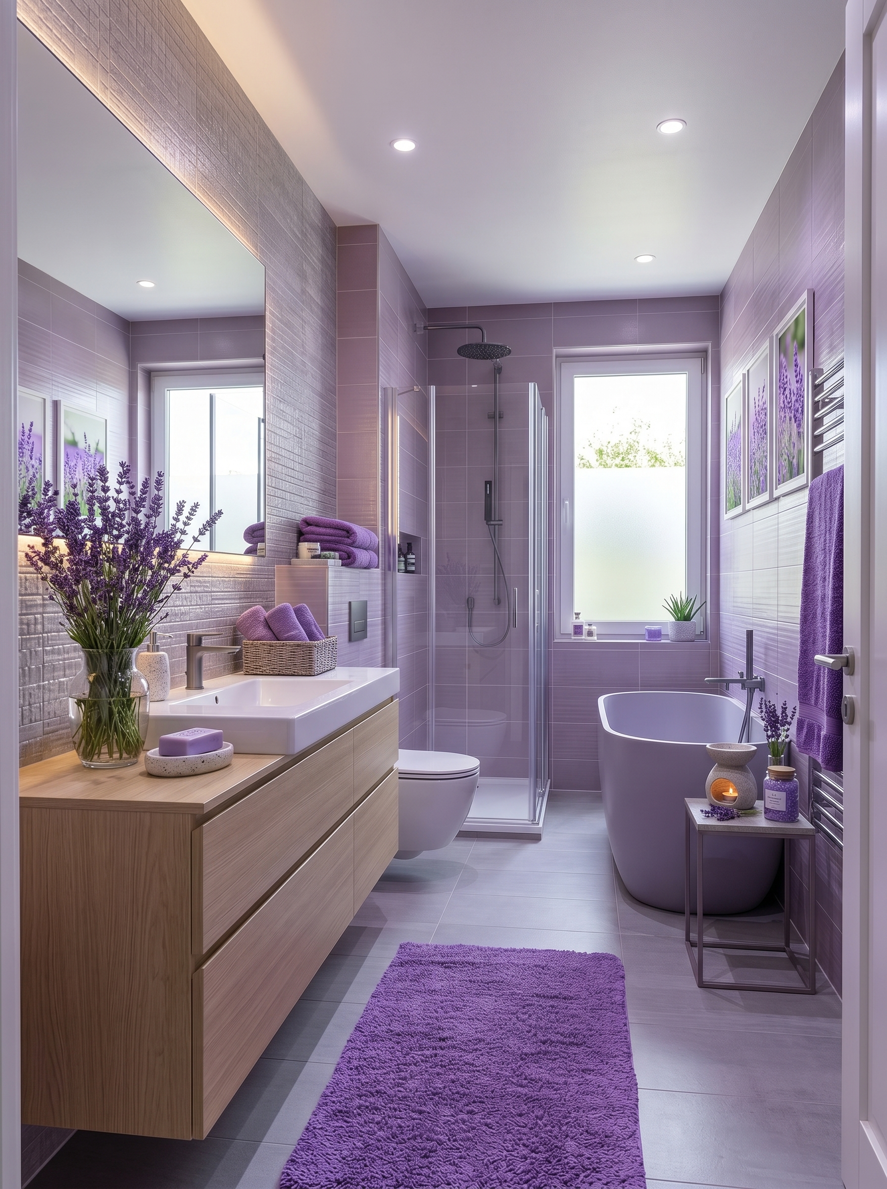 Bright white lavender bathroom with gold mirror, marble vanity, purple towels, floral artwork, embroidered curtains, and soft bath mat