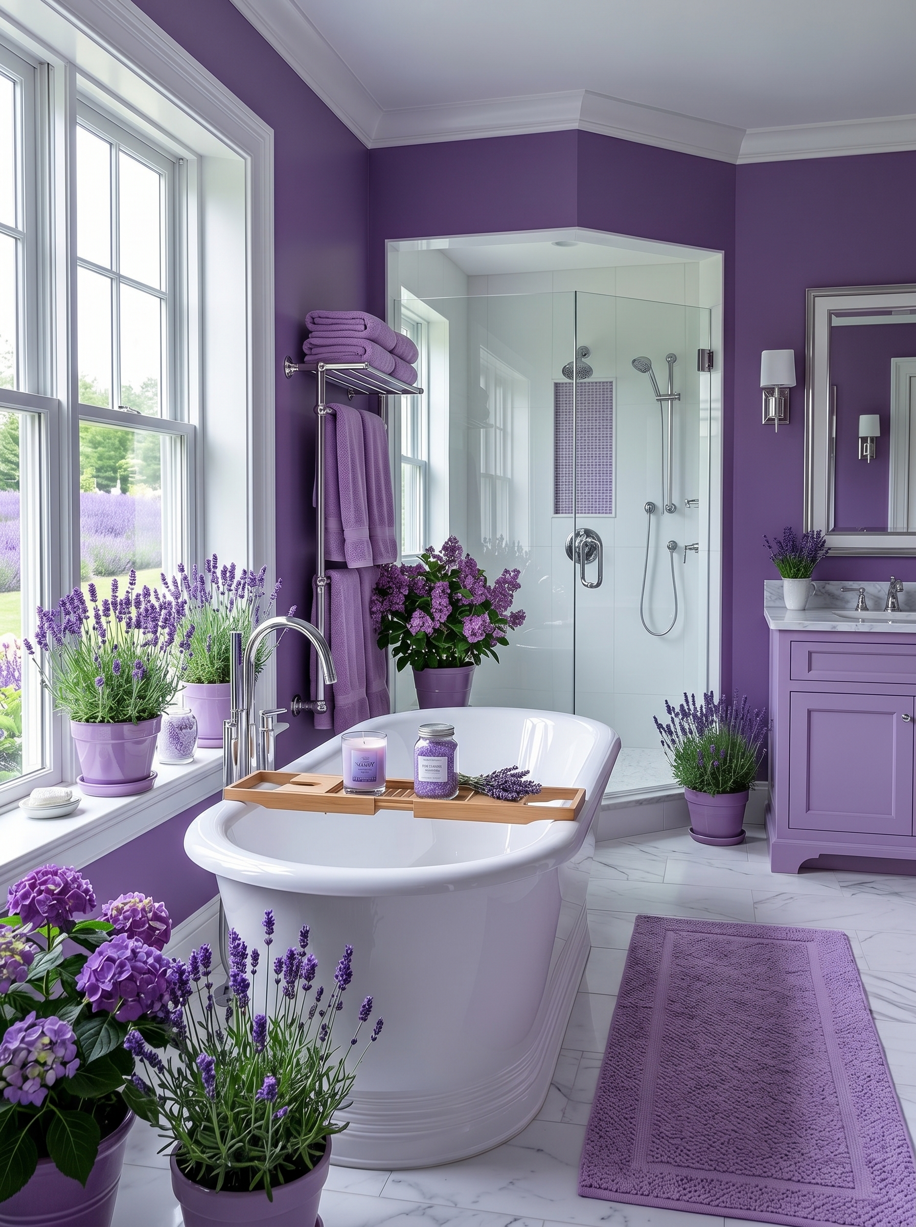 Modern lavender bathroom with glass shower, wood vanity storage, purple tiles, freestanding bathtub, lavender flowers, and soft towels