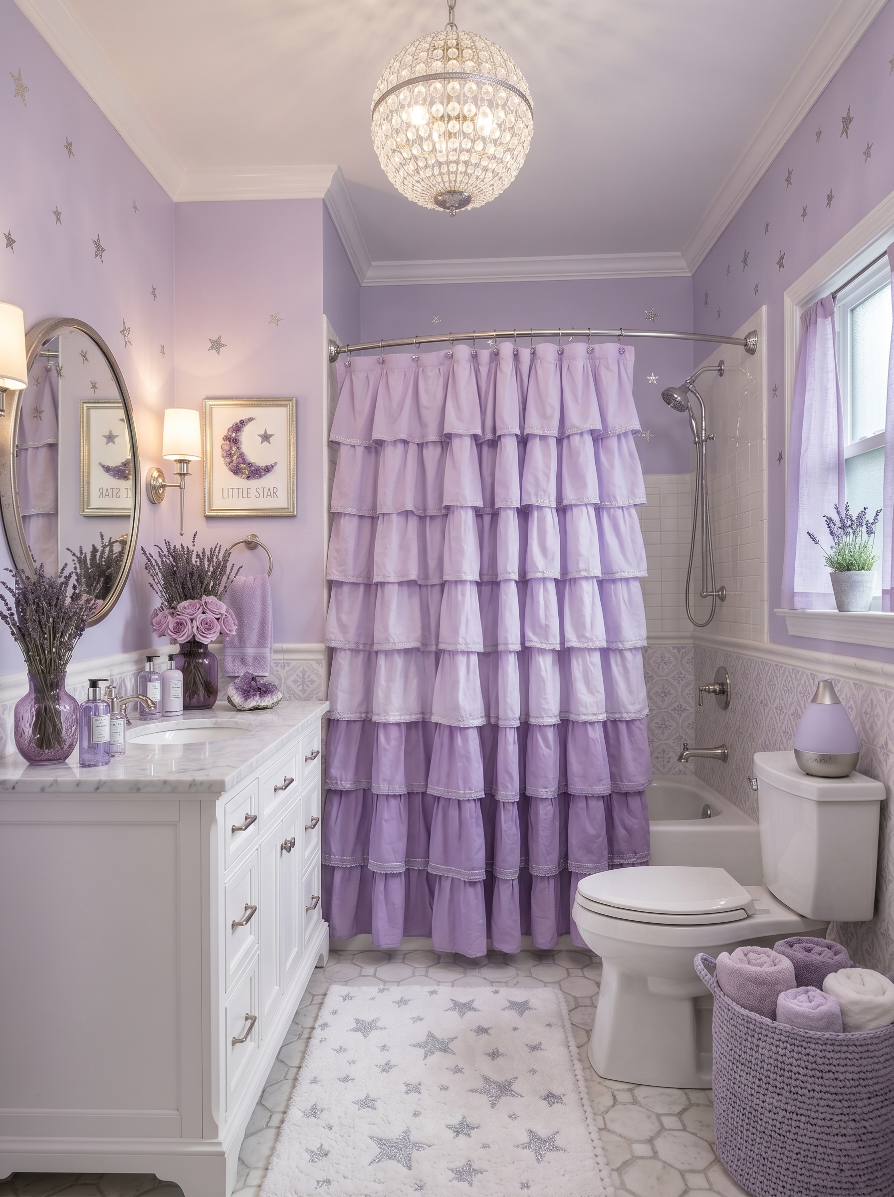 Rich purple lavender bathroom with freestanding tub, glass shower, lavender vanity, marble-look flooring, purple towels, and plants