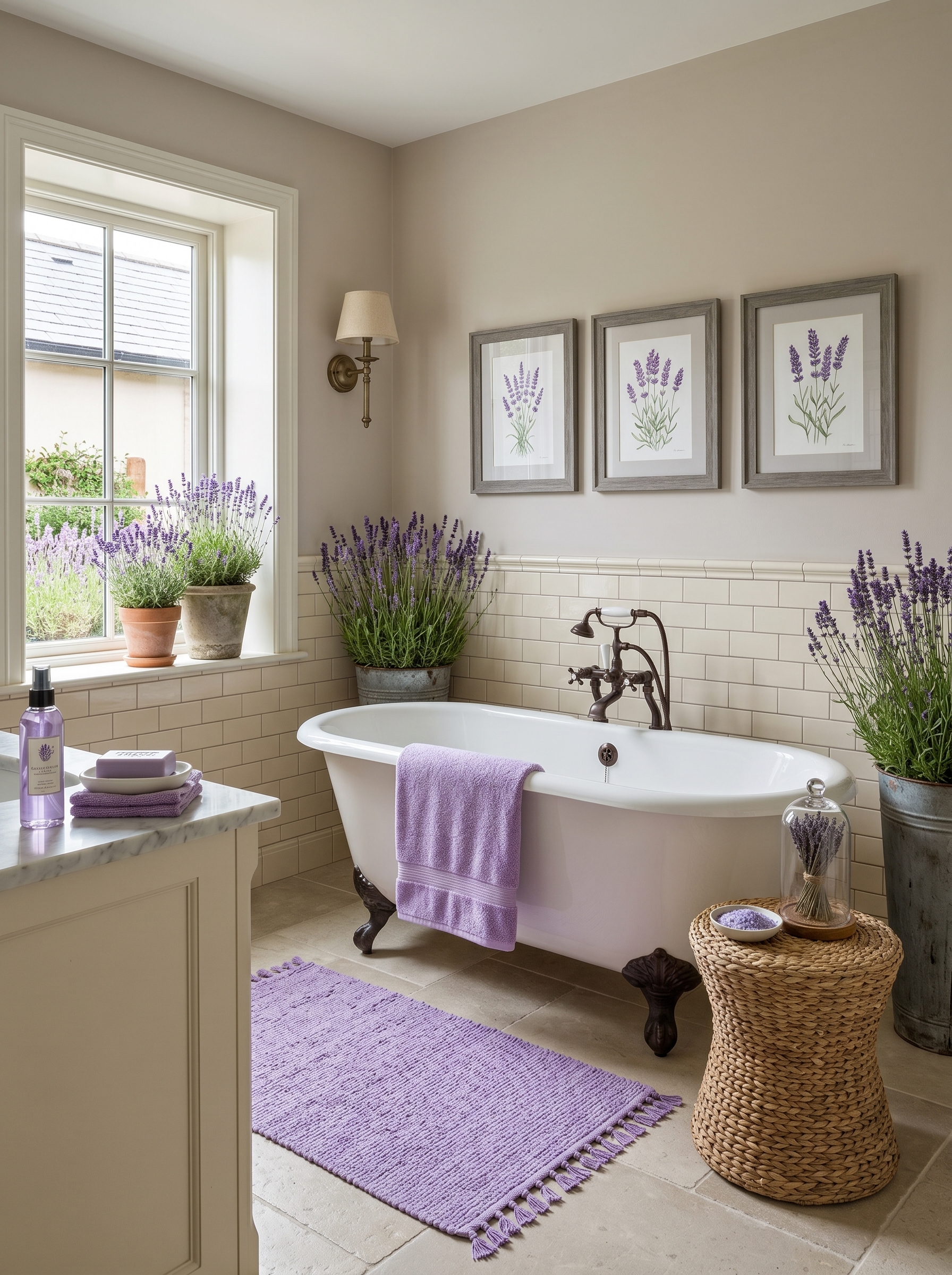 Whimsical lavender bathroom with ruffle shower curtain, crystal chandelier, white vanity, marble countertop, purple flowers, and plush rug