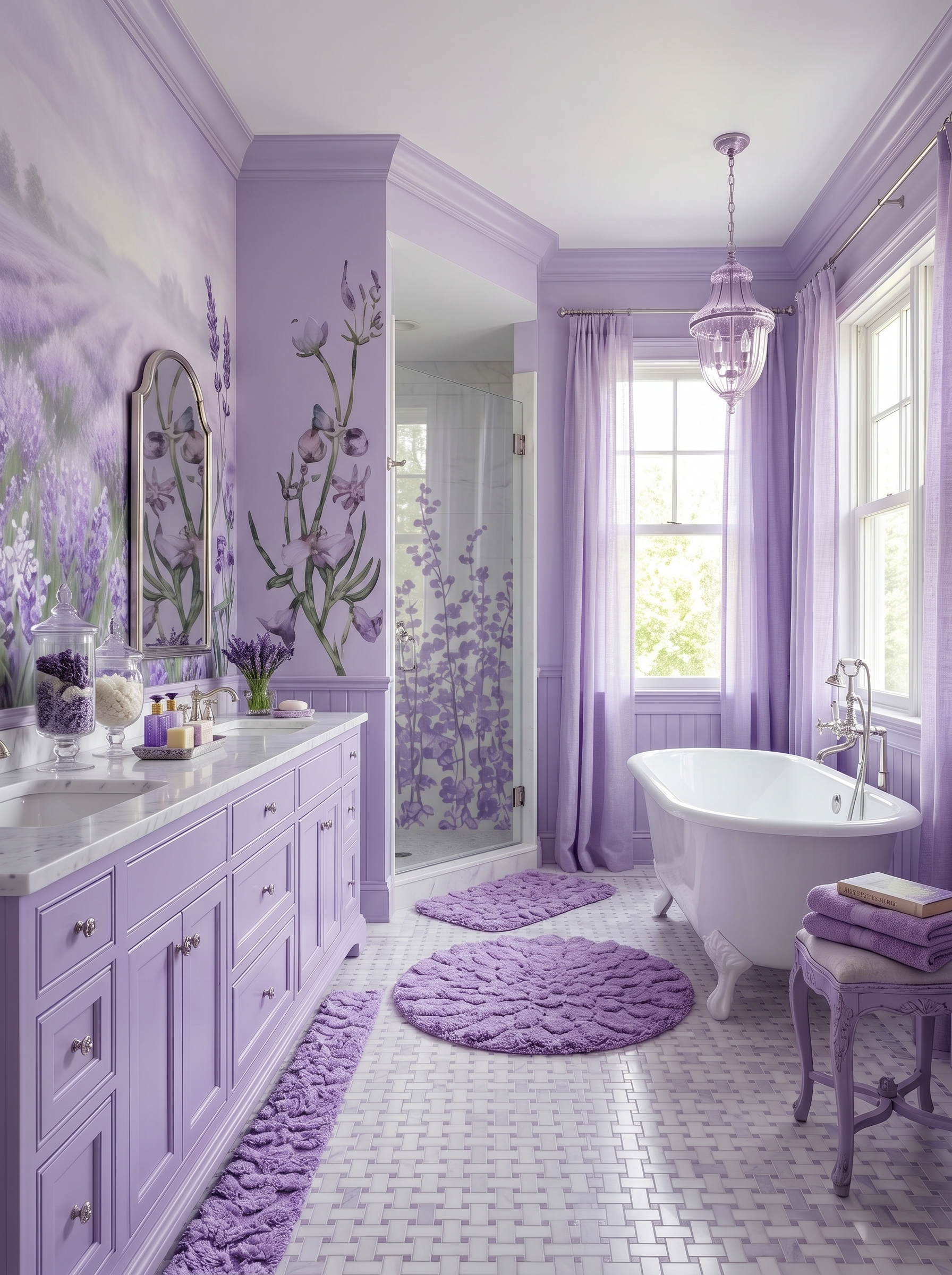 Countryside lavender bathroom with clawfoot tub, cream subway tile, bronze fixtures, botanical prints, purple towels, and lavender plants