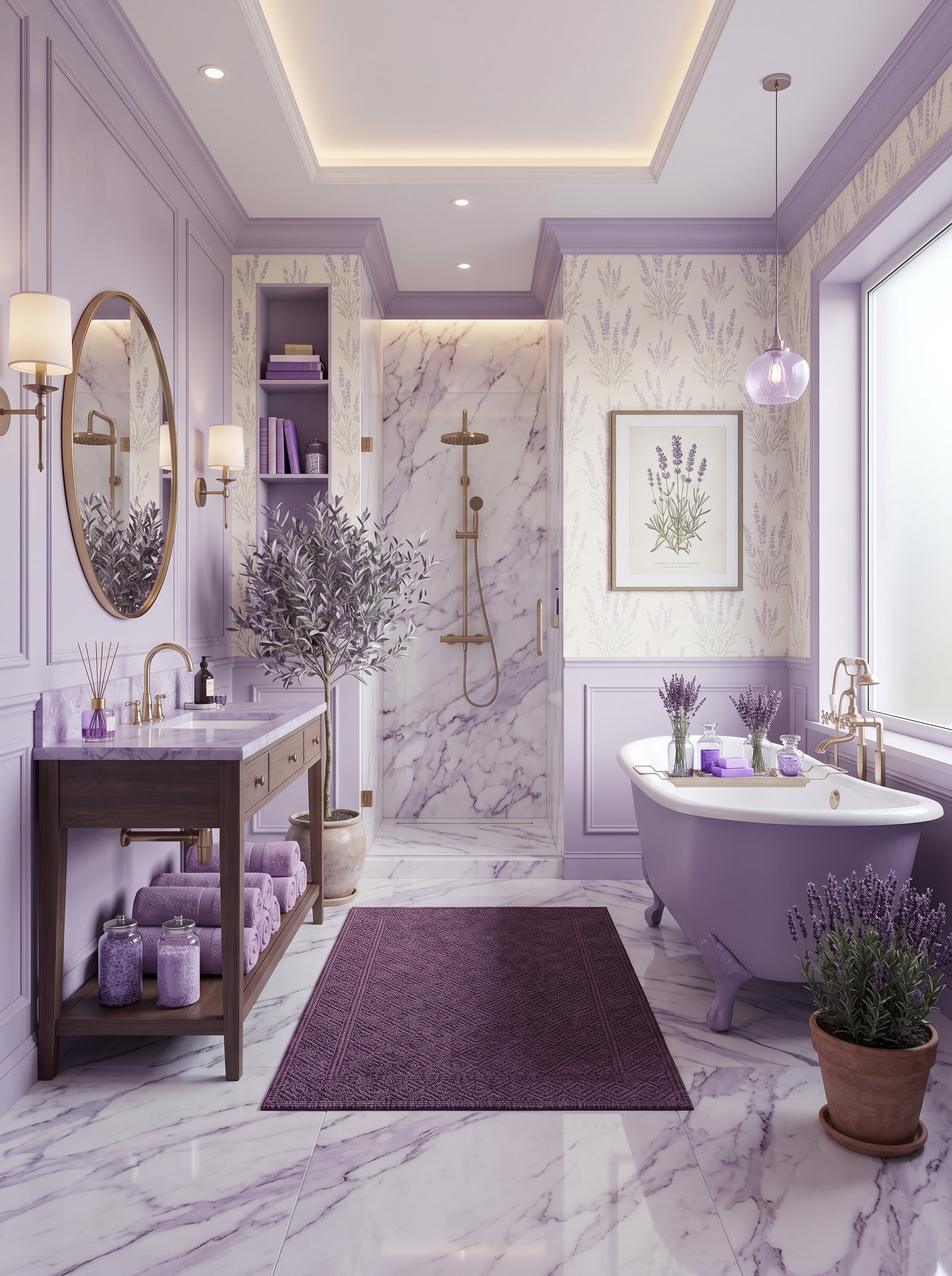 Elegant lavender bathroom with floral mural, painted cabinetry, freestanding bathtub, sheer curtains, pendant light, and purple towels