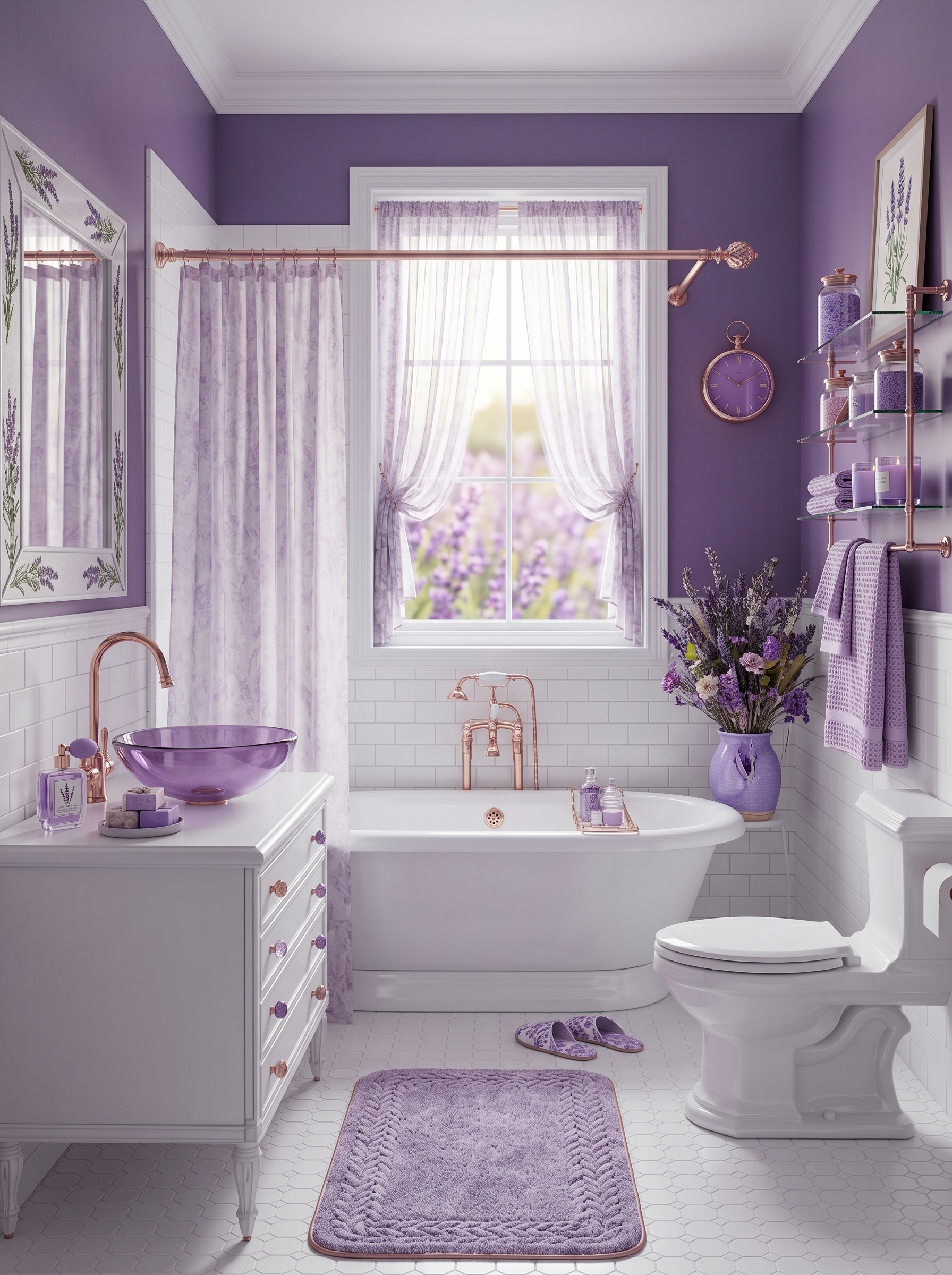 Lavender bathroom with floral wallpaper, marble walk-in shower, clawfoot tub, gold fixtures, wood vanity, and purple runner rug