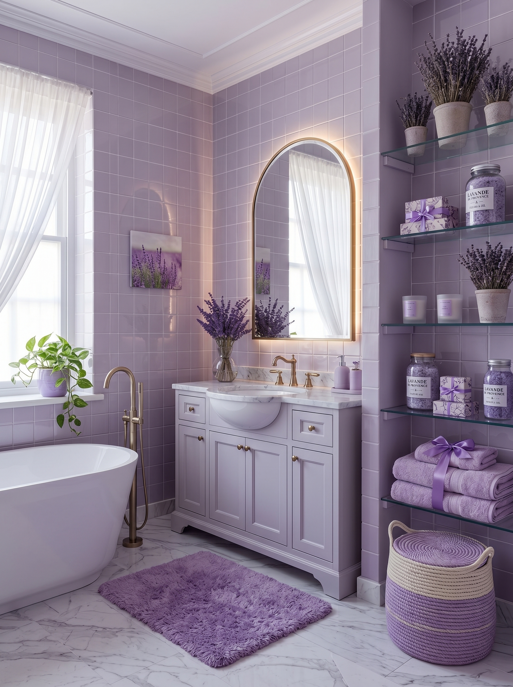 Romantic lavender bathroom with arched shower, freestanding tub, gold fixtures, purple vanity details, floral art, and soft towels