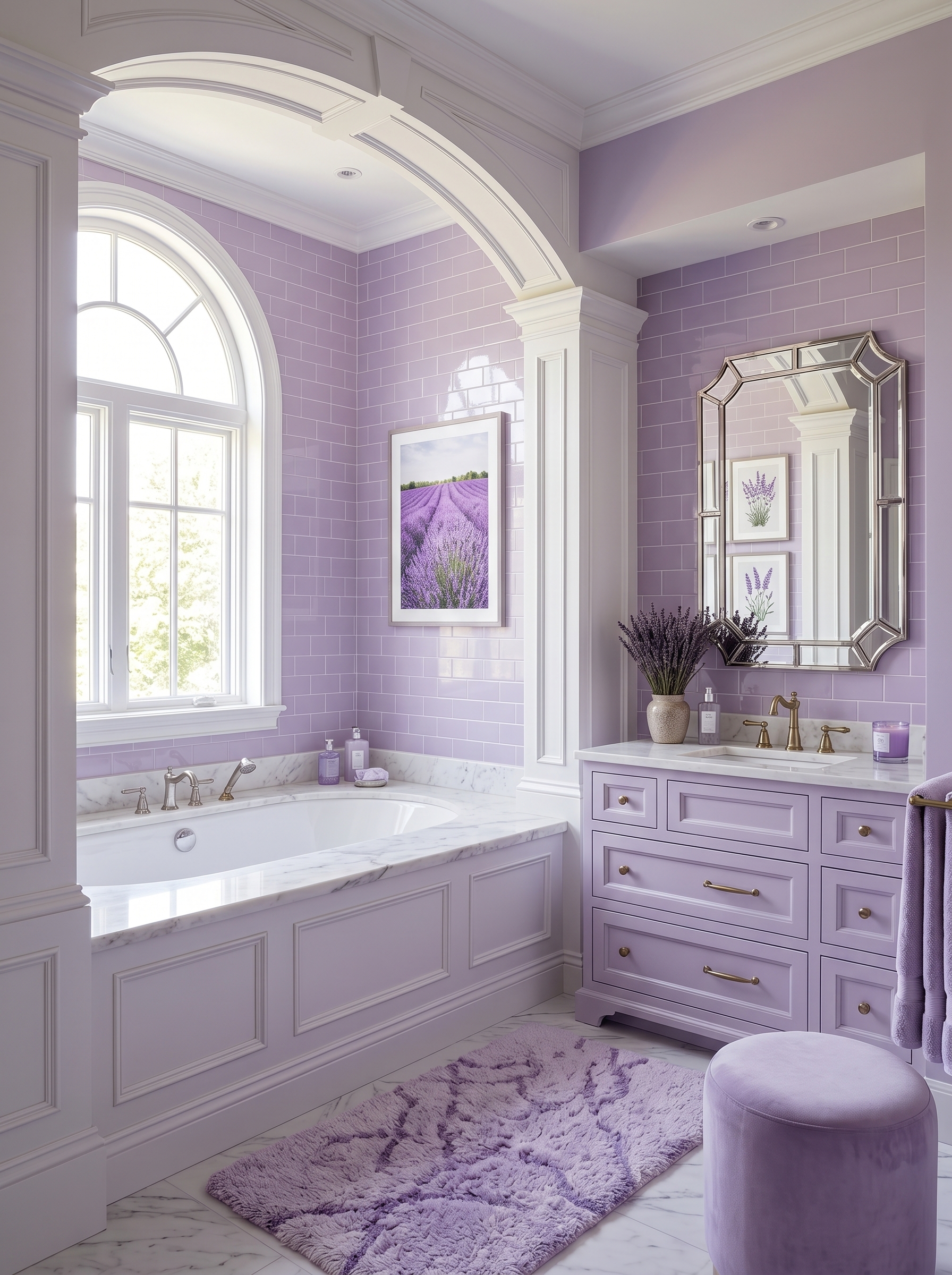 Elegant lavender tile bathroom with open glass shelves, freestanding tub, gold fixtures, candles, bath salts, and purple towels
