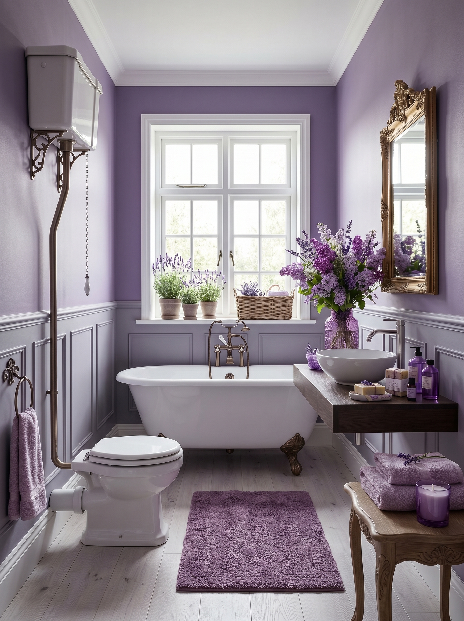 Luxury lavender bathroom with glossy subway tiles, white architectural details, gold fixtures, marble accents, and spa decor