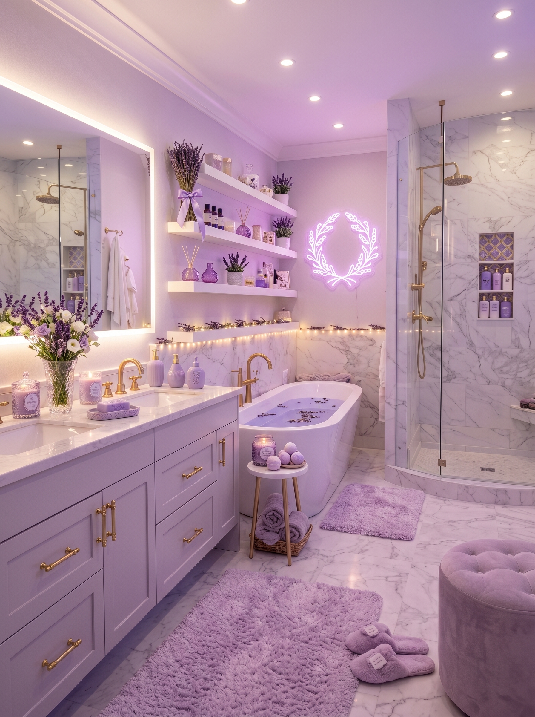 Vintage lavender bathroom with soft purple walls, elegant fixtures, floral decor, white tile, framed prints, and decorative jars