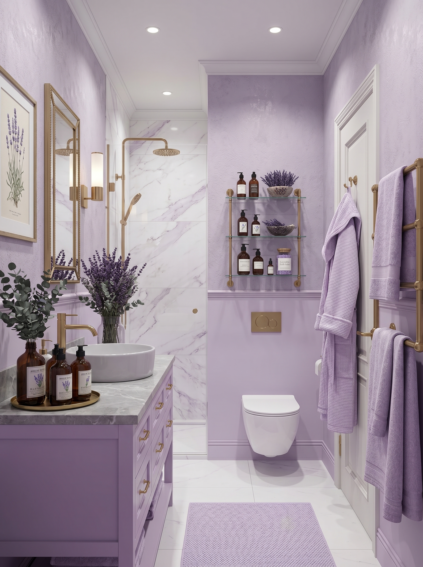 Dreamy lavender bathroom with purple cabinetry, glowing lights, marble finishes, gold accents, and floral bathroom decor