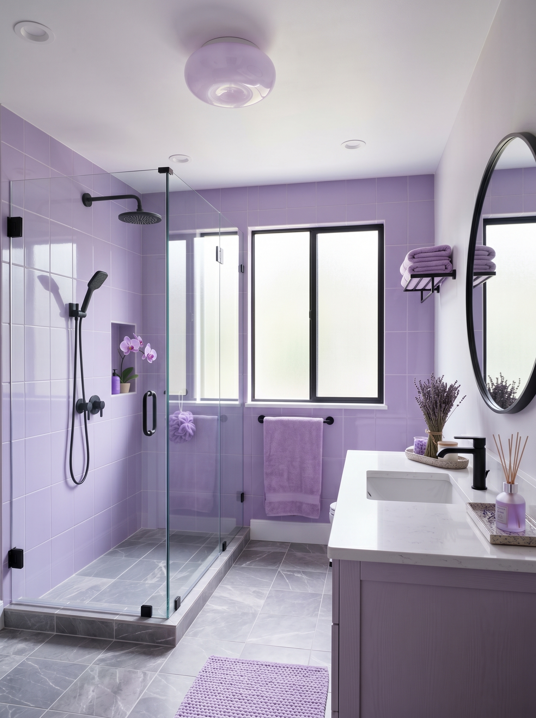 Pastel lavender bathroom with wall-mounted toilet, lavender vanity, marble shower tiles, gold mirror, glass shelves, and purple towels