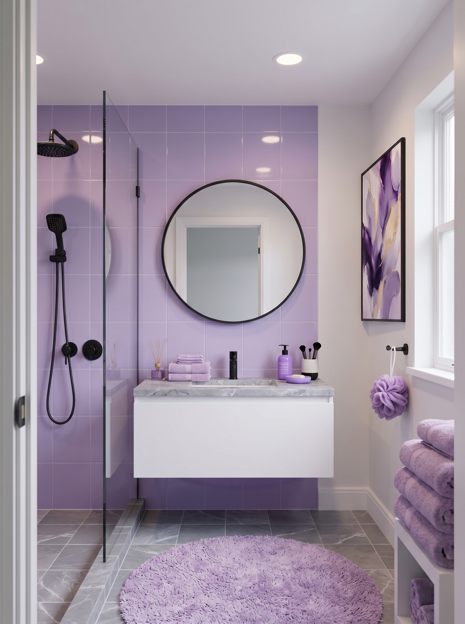 Clean modern lavender bathroom with black fixtures, glossy purple wall tiles, glass walk-in shower, white vanity, and round mirror