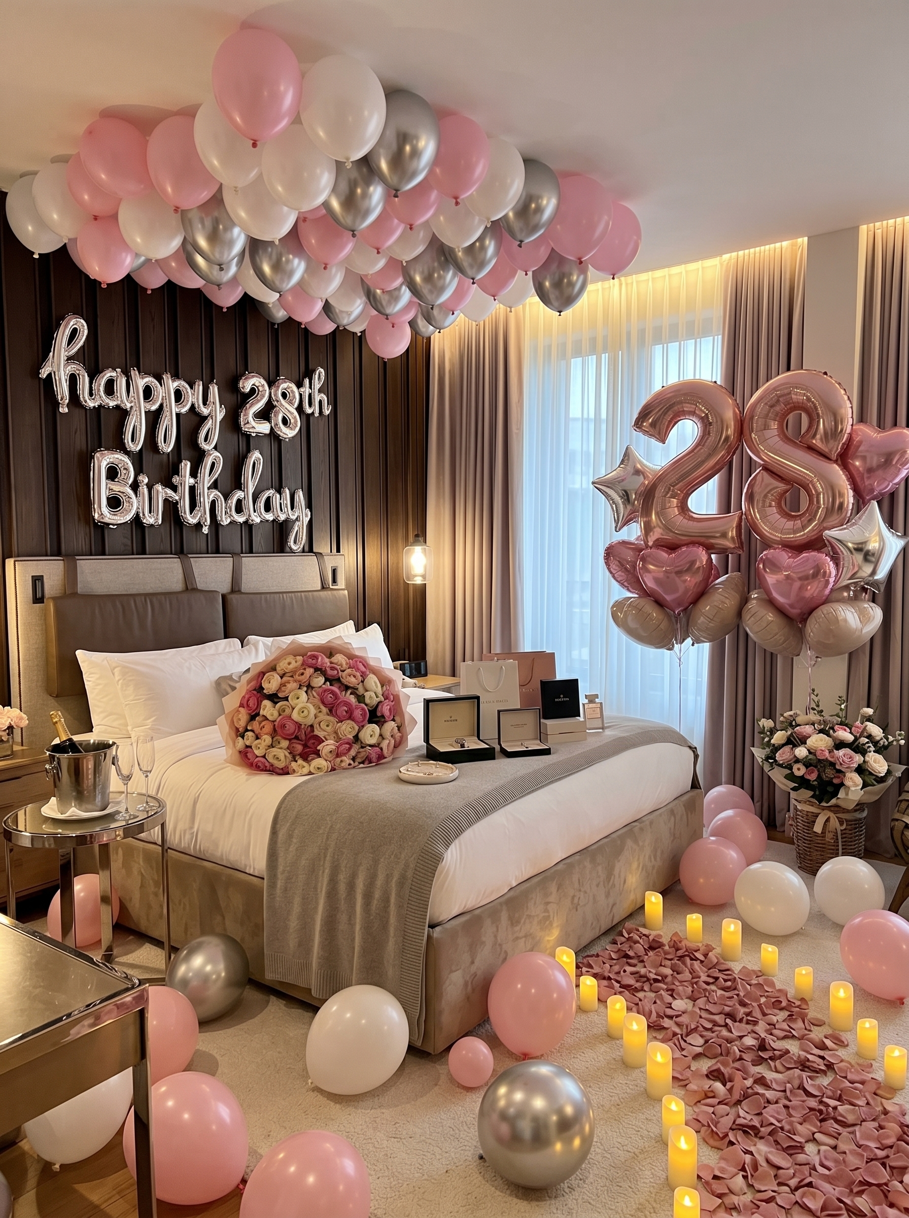 Pink and silver birthday bedroom decor with balloons, fairy lights, rose petals, and cozy bed styling