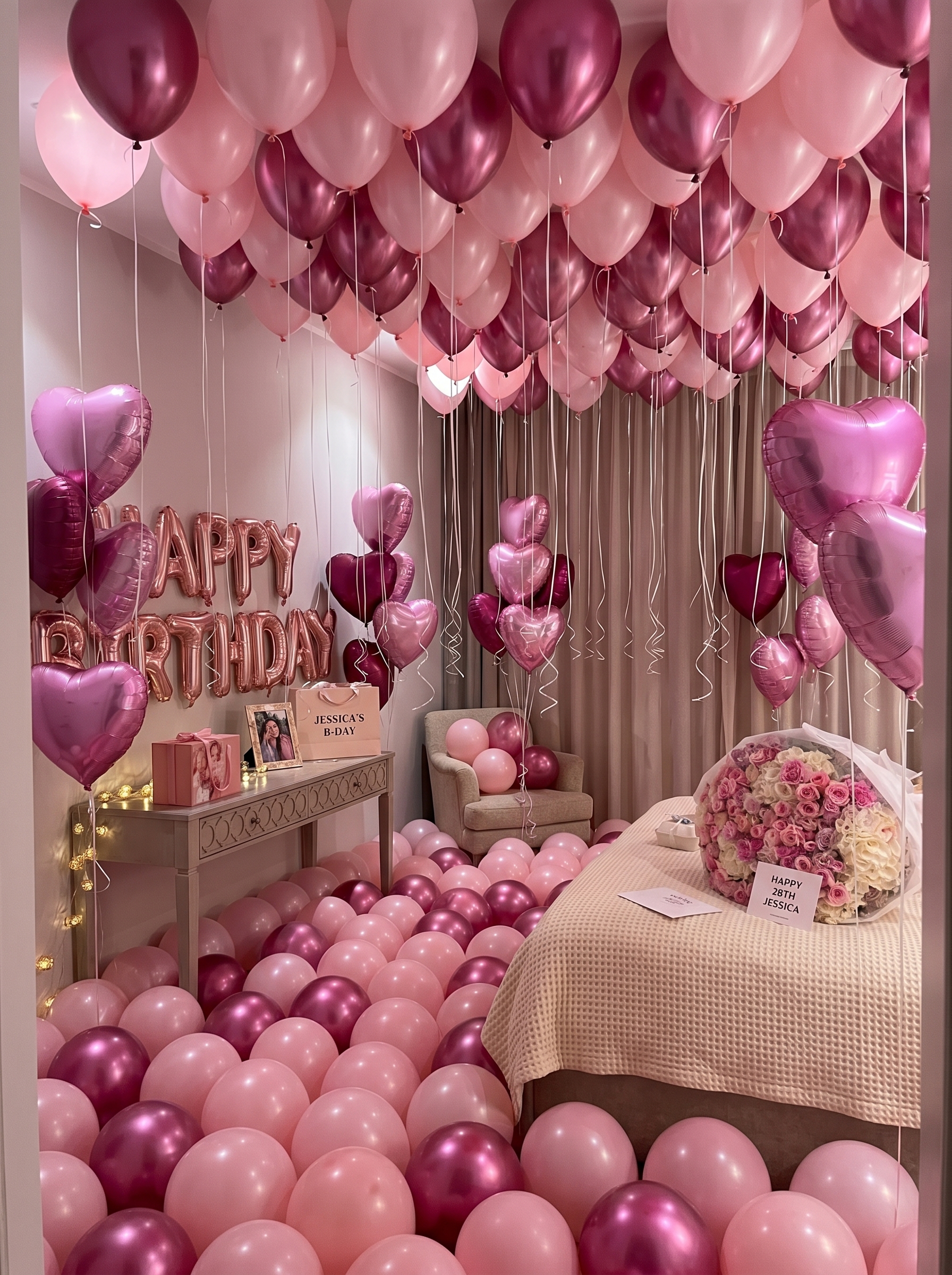 Full pink balloon ceiling birthday room decoration with heart balloons and personalized birthday surprise setup