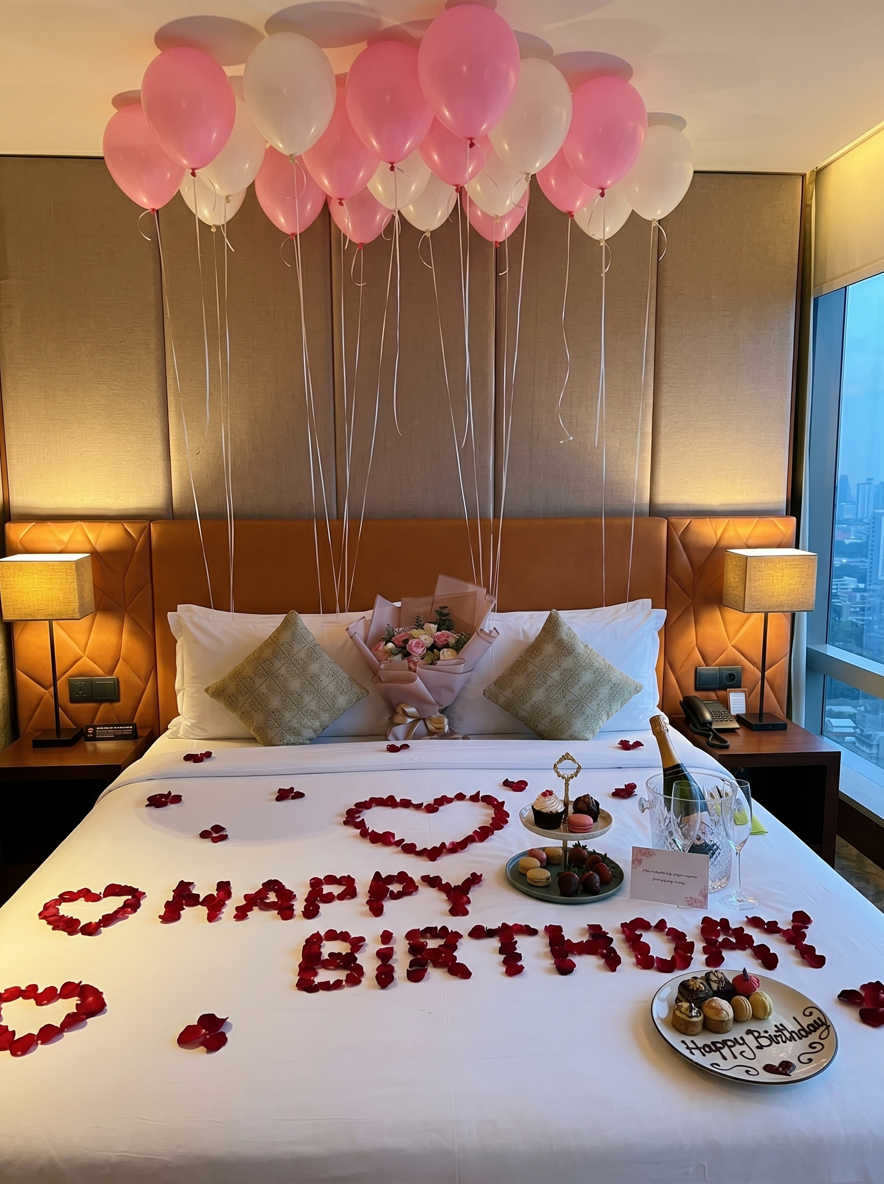 Romantic birthday bedroom decoration with pink balloons, rose petals, flowers, and birthday surprise setup