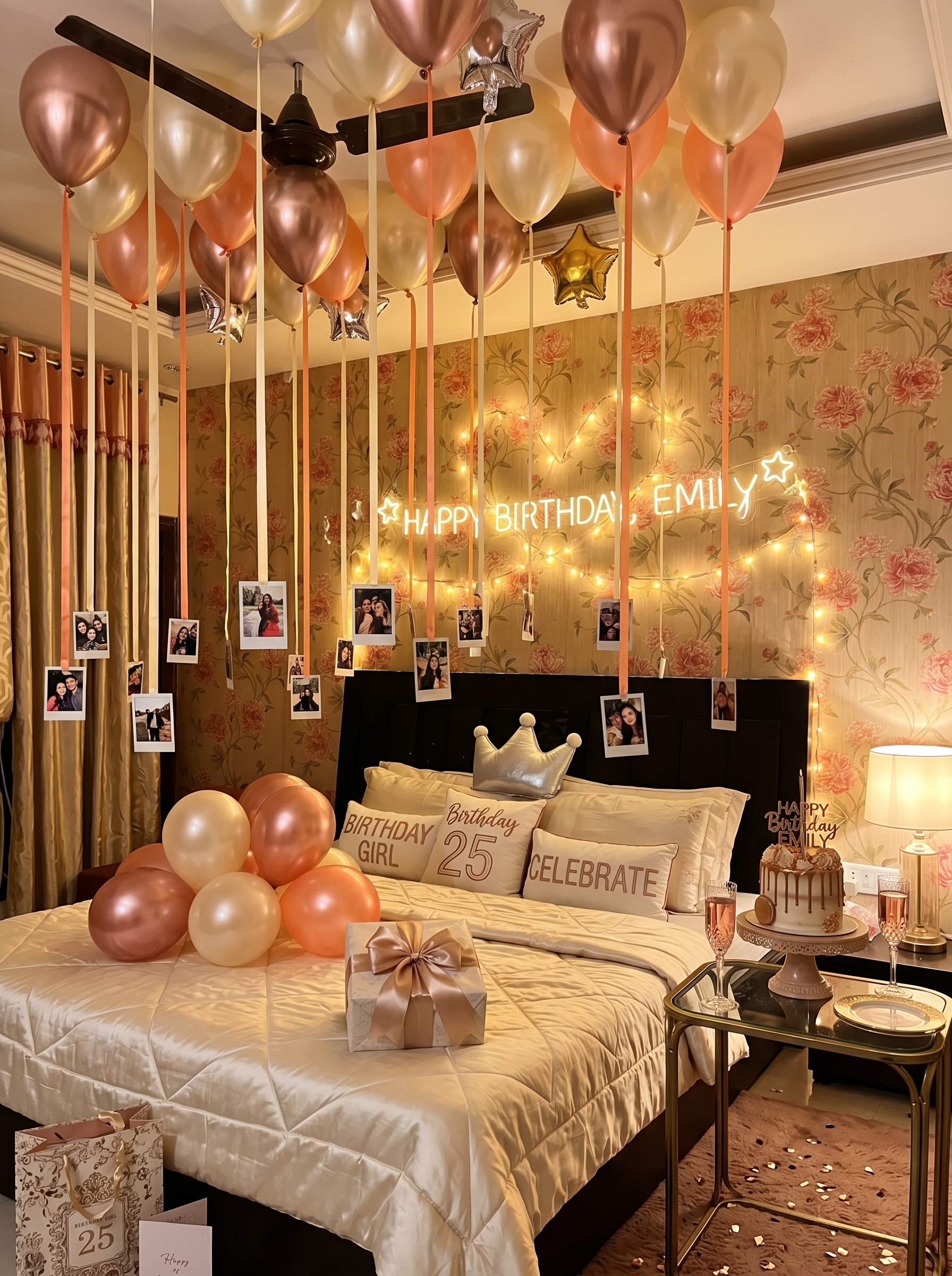 Peach and gold personalized birthday bedroom decor with balloons, fairy lights, photo memories, and gifts