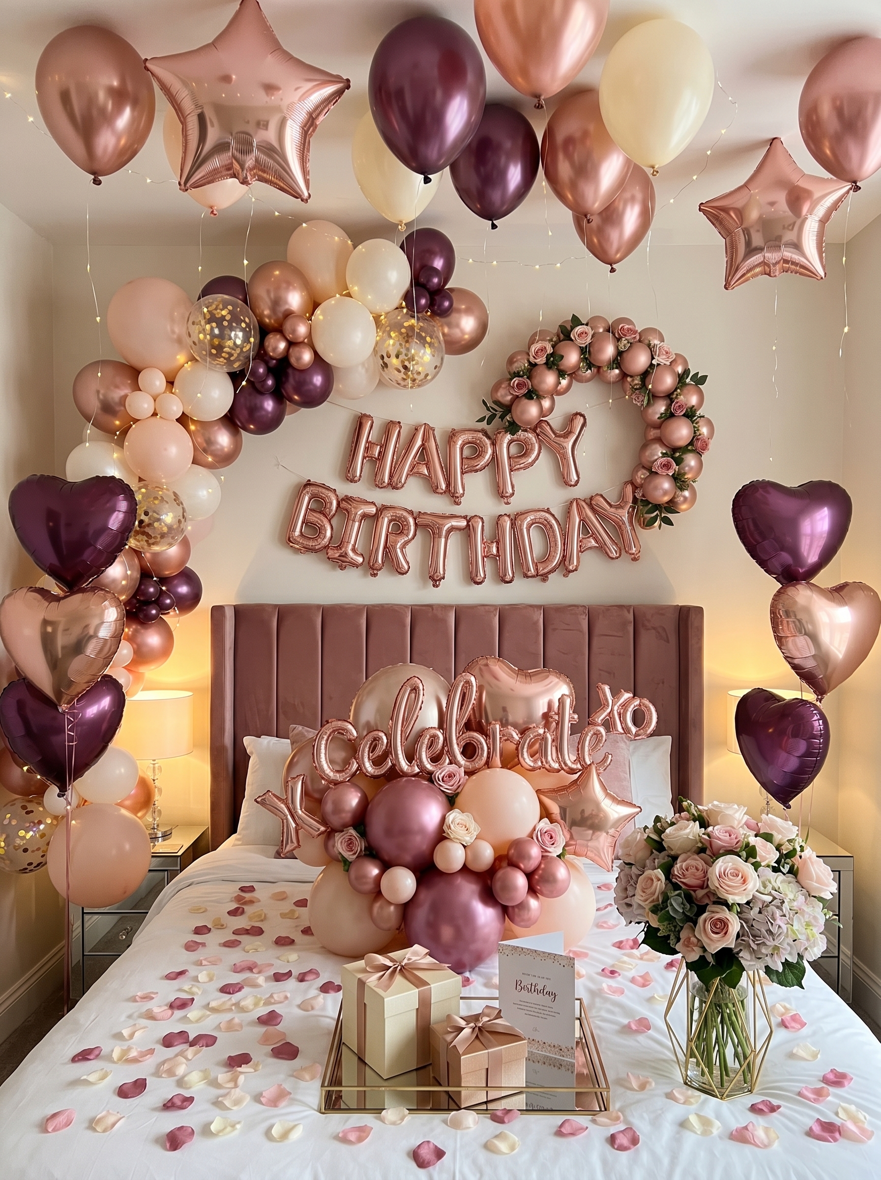 Rose gold birthday balloon garland setup with blush balloons, heart foil balloons, flowers, and gifts