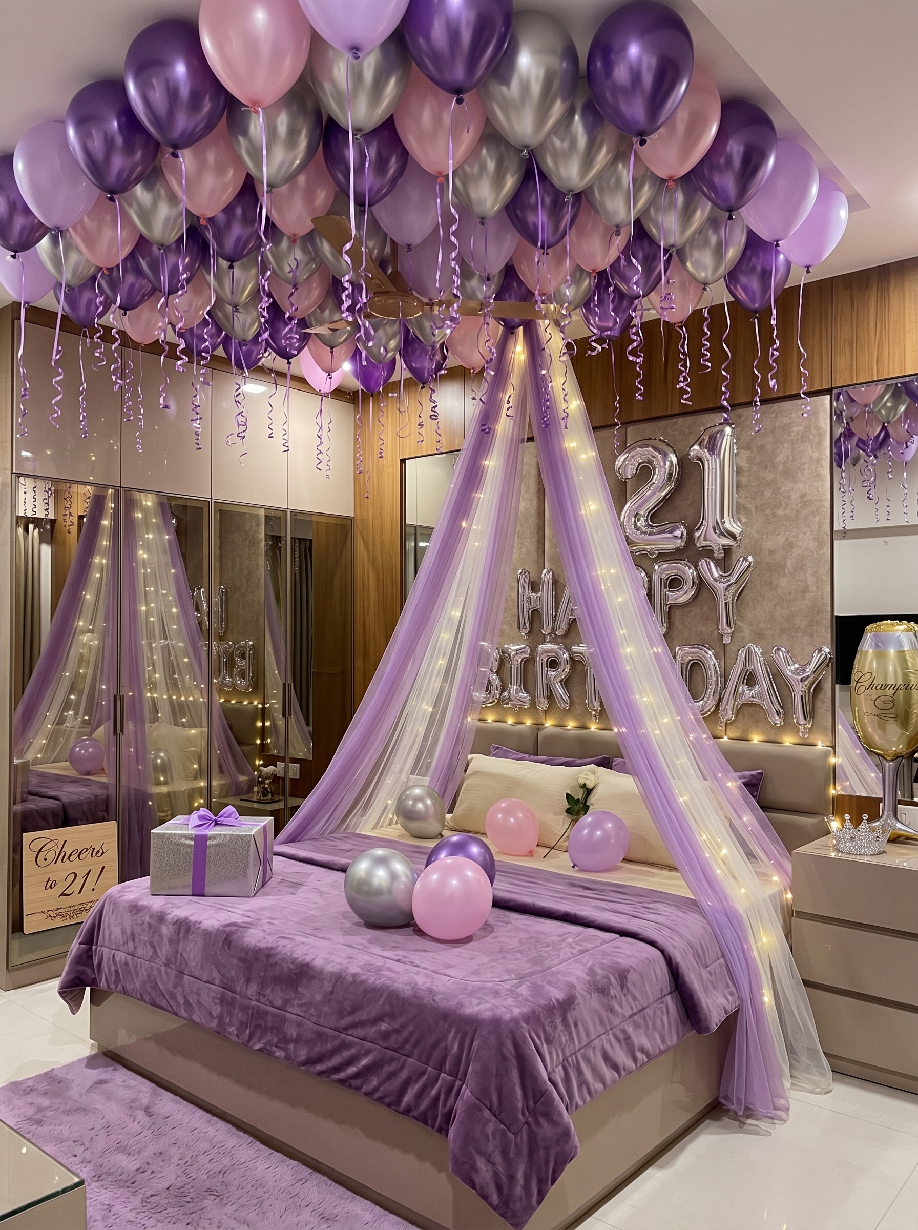 Purple 21st birthday bedroom decoration with balloon ceiling, fairy lights, canopy drapes, and number balloons