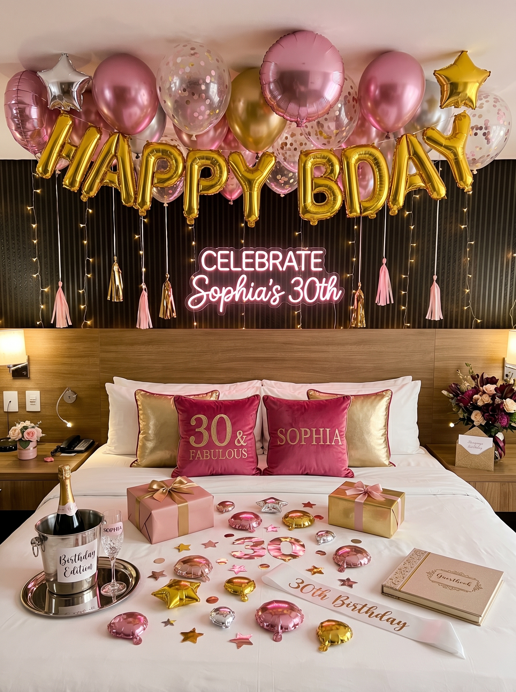Pink and gold 30th birthday bedroom setup with balloons, fairy lights, gift boxes, flowers, and champagne decor